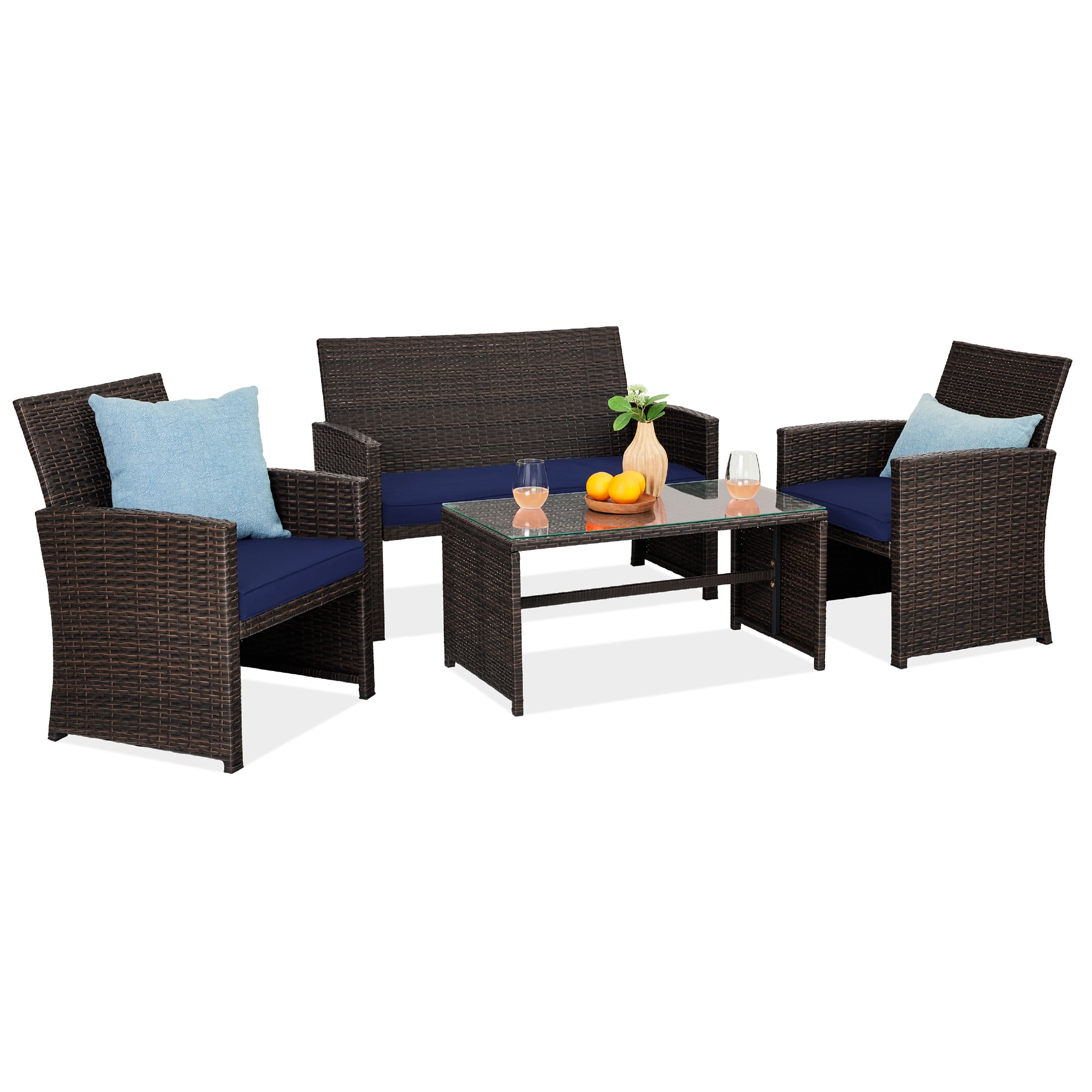 Best Choice Products - 4-Piece Outdoor Wicker Patio Conversation Furniture Set w/ Table, Cushions - Brown/Navy