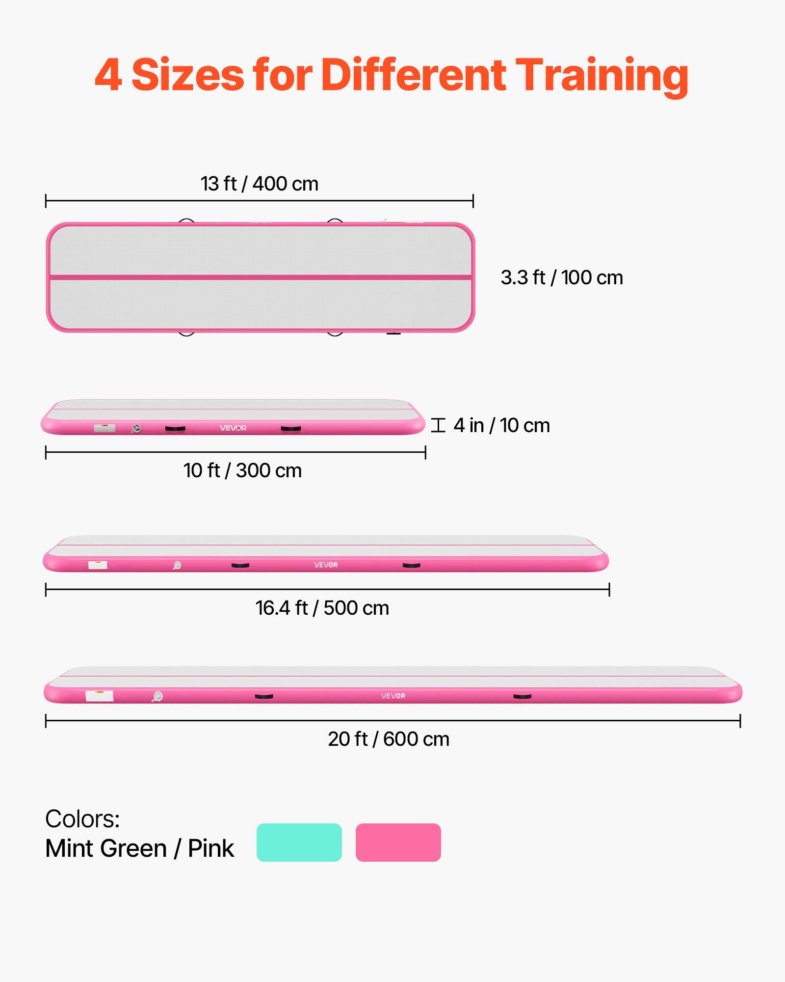 4 Sizes for Different Training

13 ft / 400 cm
3.3 ft / 100 cm
10 ft / 300 cm
16.4 ft / 500 cm
20 ft / 600 cm

Colors: Mint Green / Pink