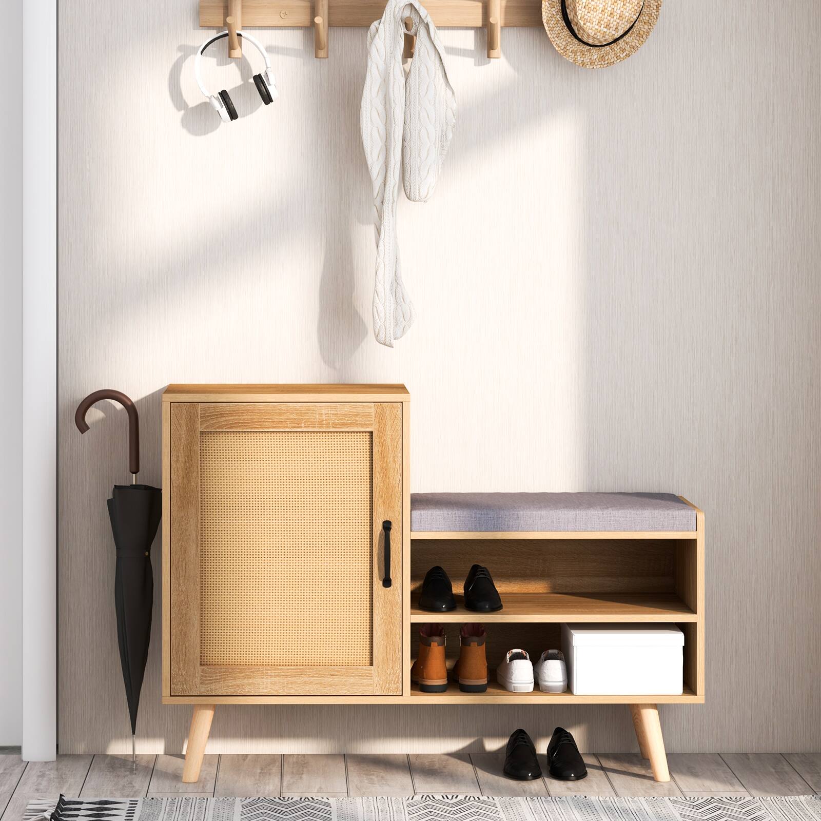 Alt View 9. Ecooso - 2-in-1 Rattan Shoe Cabinet with Bench Shoe Storage Bench with Washable Cushion - Natural.