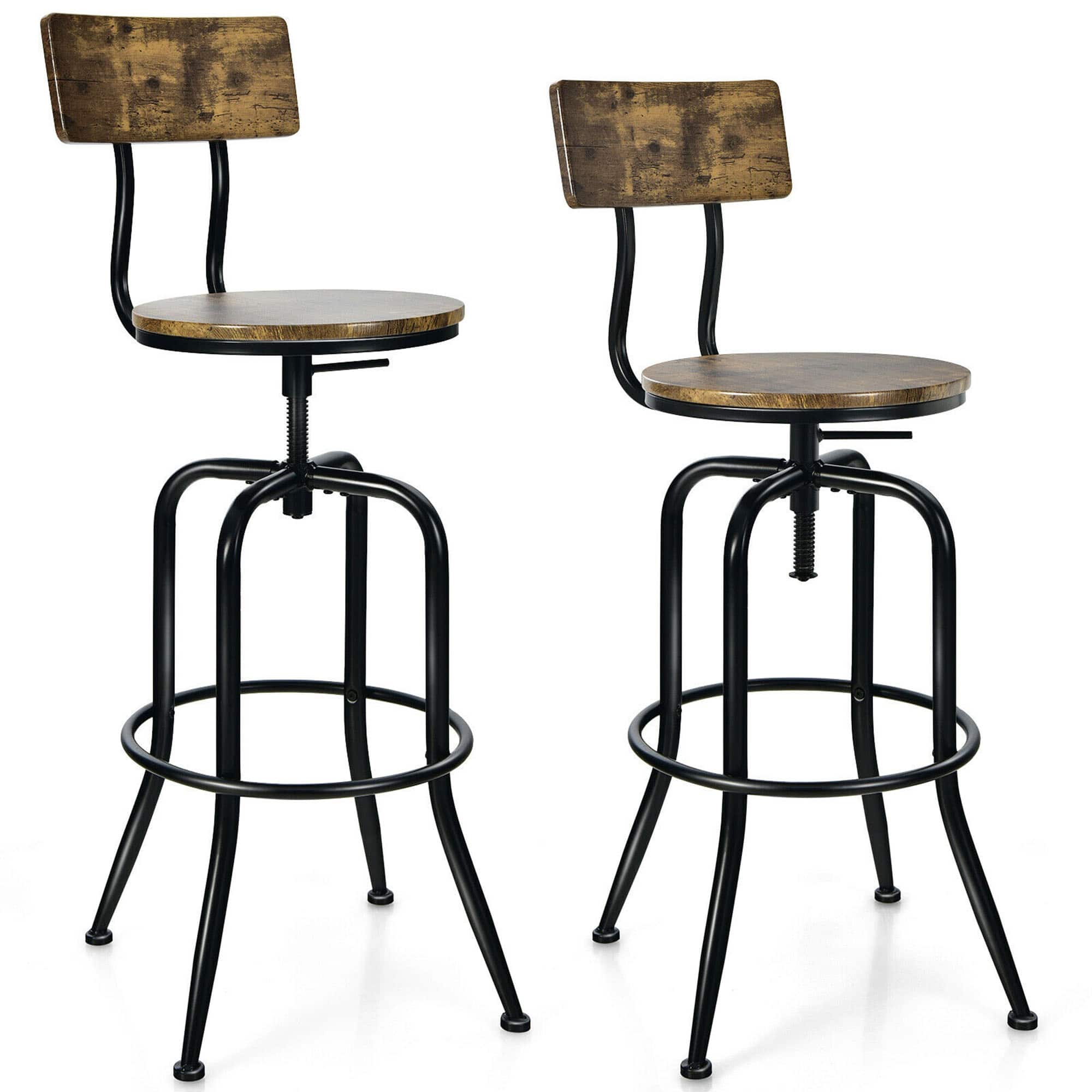 Gymax - Set of 2 Industrial Bar Stool Adjustable Swivel Counter-Height Dining Side Chair - Rustic Brown,Black