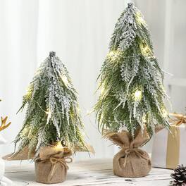 RTMB - 11.8" & 15.7" Pre-Lit Snow-Flocked Pine Trees with Warm LEDs & Wood Base - Main Green and White