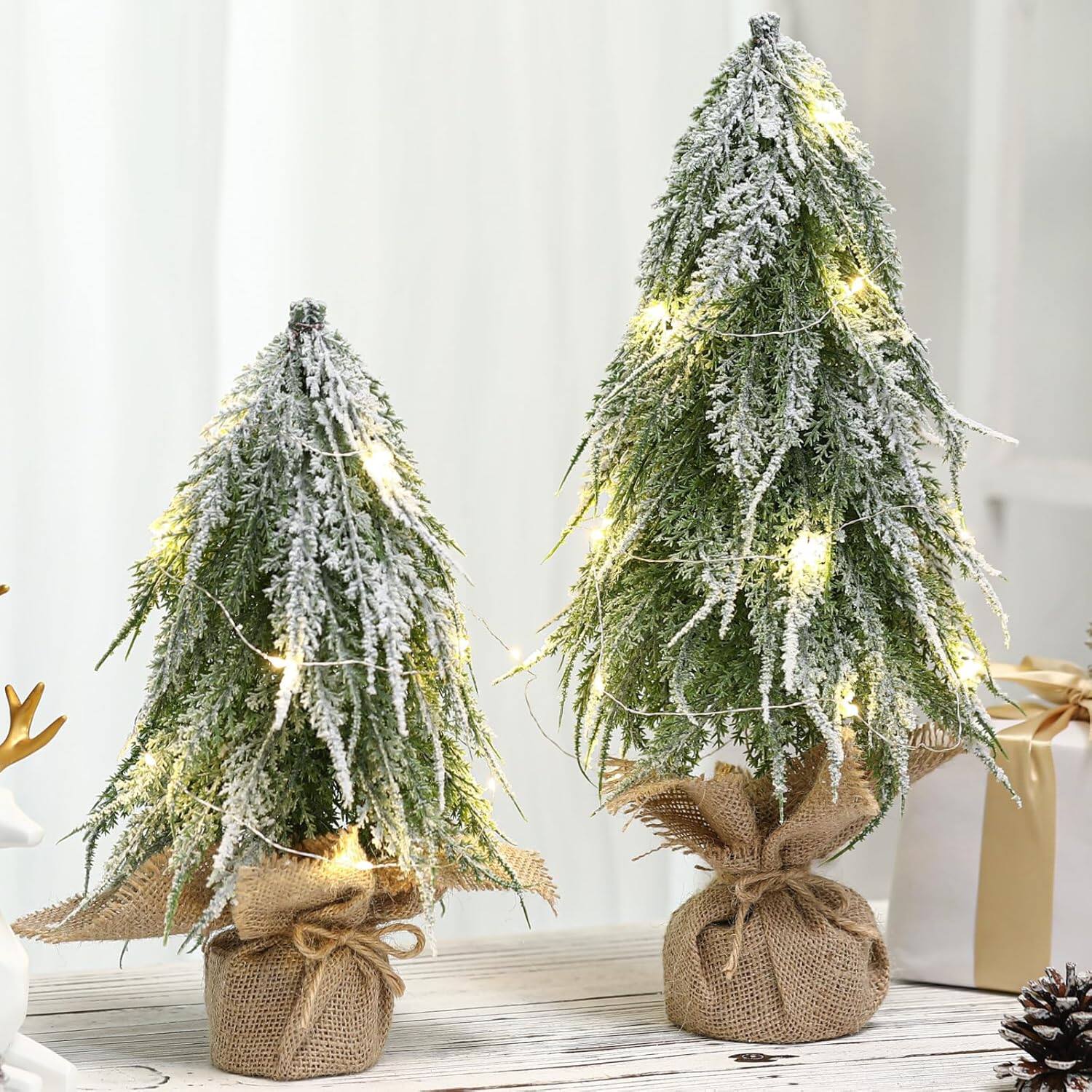 Front. RTMB - 11.8" & 15.7" Pre-Lit Snow-Flocked Pine Trees with Warm LEDs & Wood Base - Main Green and White.