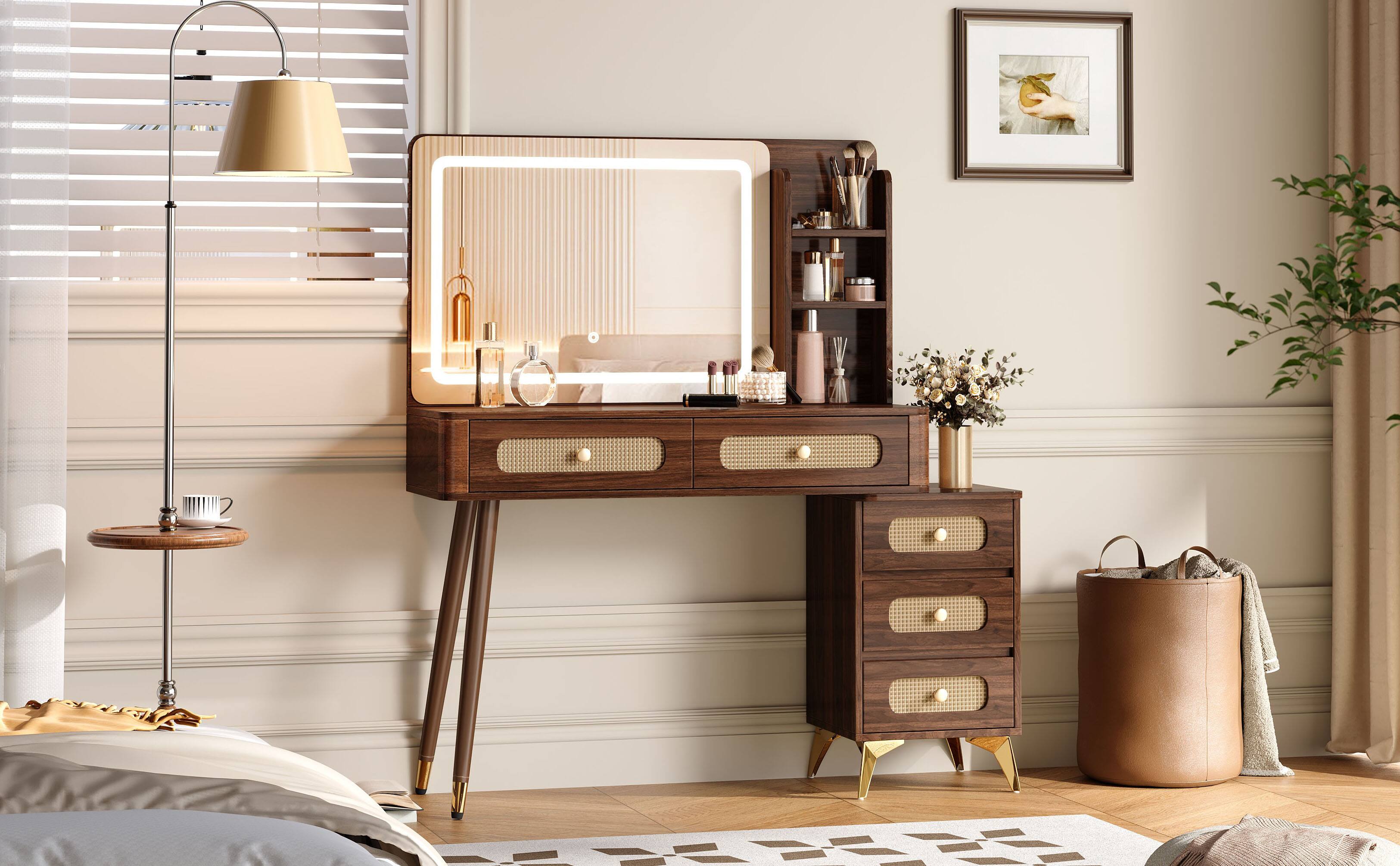 Alt View 1. Lirago - Vintage Dark Walnut  Makeup Vanity Desk Rattan Dresser Table 47.24"H x 13.78"D x 47.24"W - Brown.