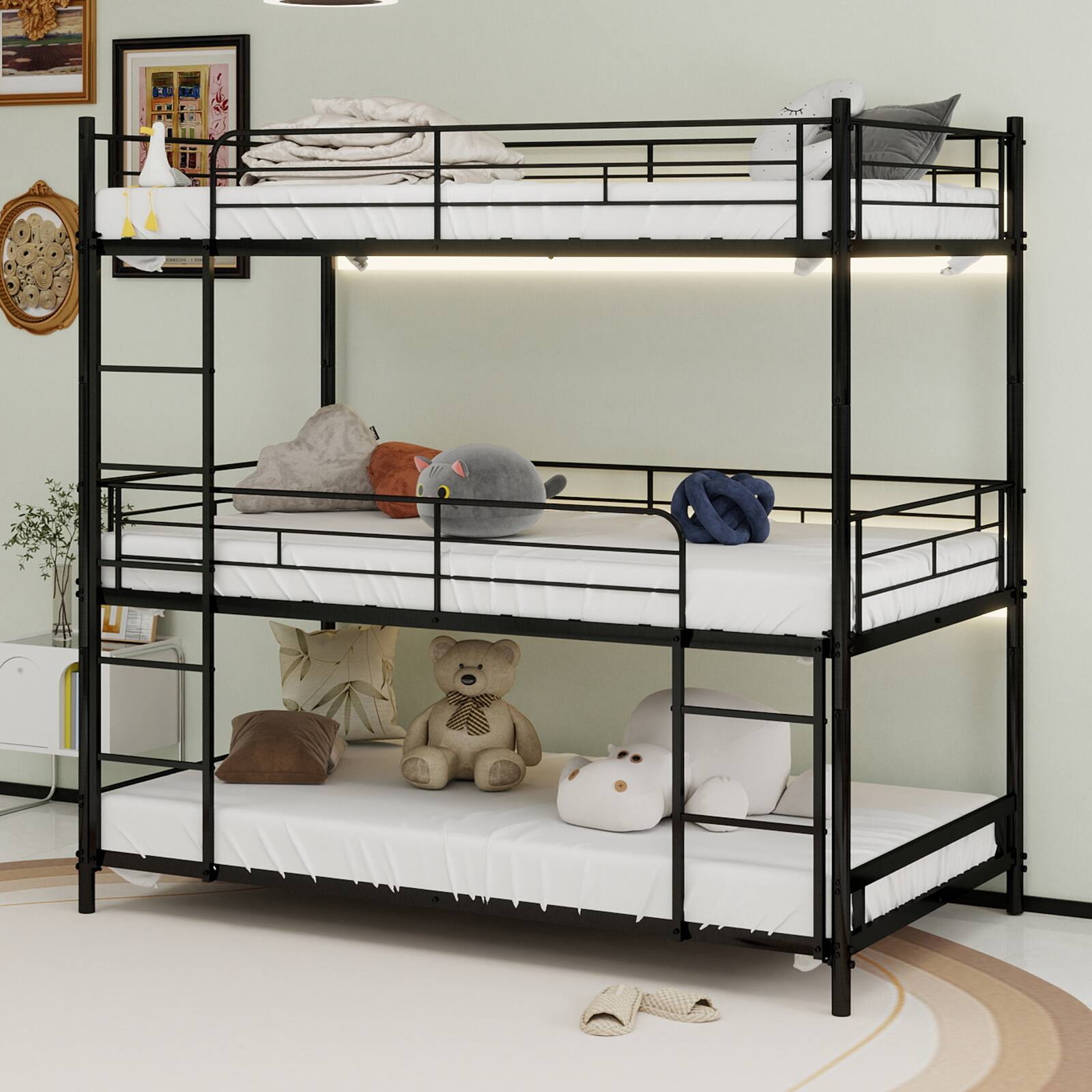 Front. Loheer - Loheer Heavy Duty Triple Bunk Bed Twin Over Twin Over Twin Black Metal Frame - Black.
