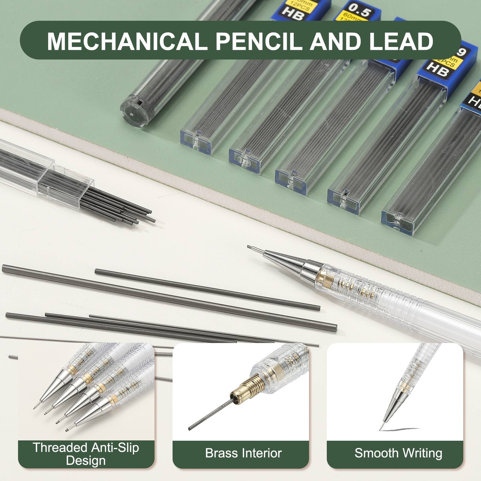MECHANICAL PENCIL AND LEAD

HB 1 60m 0.5

9 PCS

Threaded Anti-Slip Design

Brass Interior

Smooth Writing
