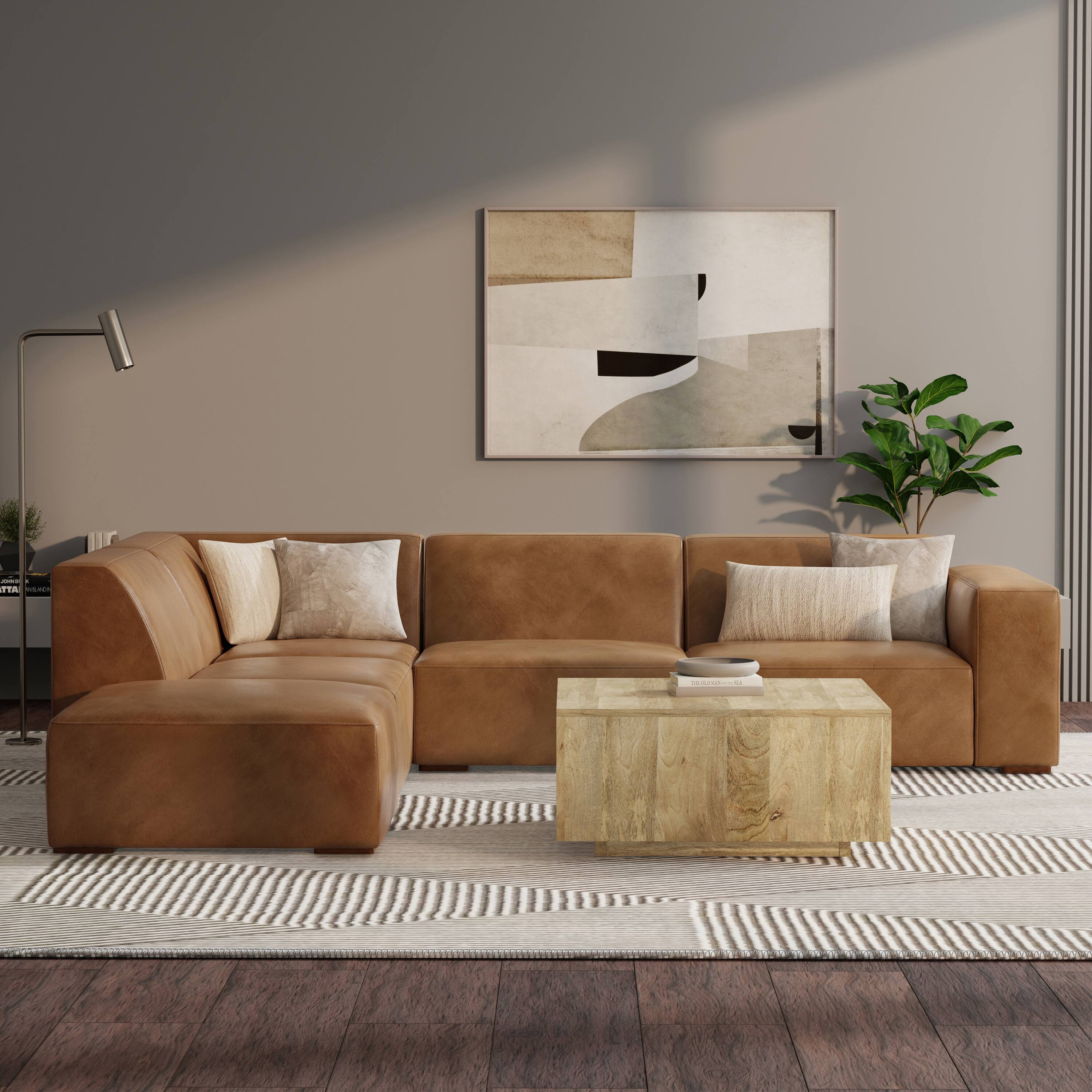 Angle. Simpli Home - Rex Left Corner Sectional Modular Sofa with Ottoman in Genuine Leather - Caramel Brown.