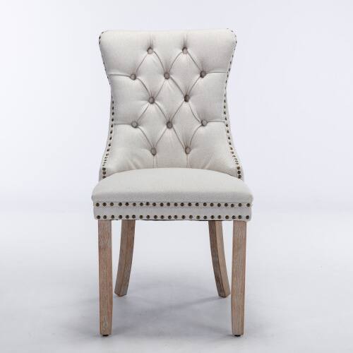 Left. LUCKY ONE - Assembled Tufted Linen Dining Chair Set of 2 with Wood Legs Nailhead Trim High Back - Beige.