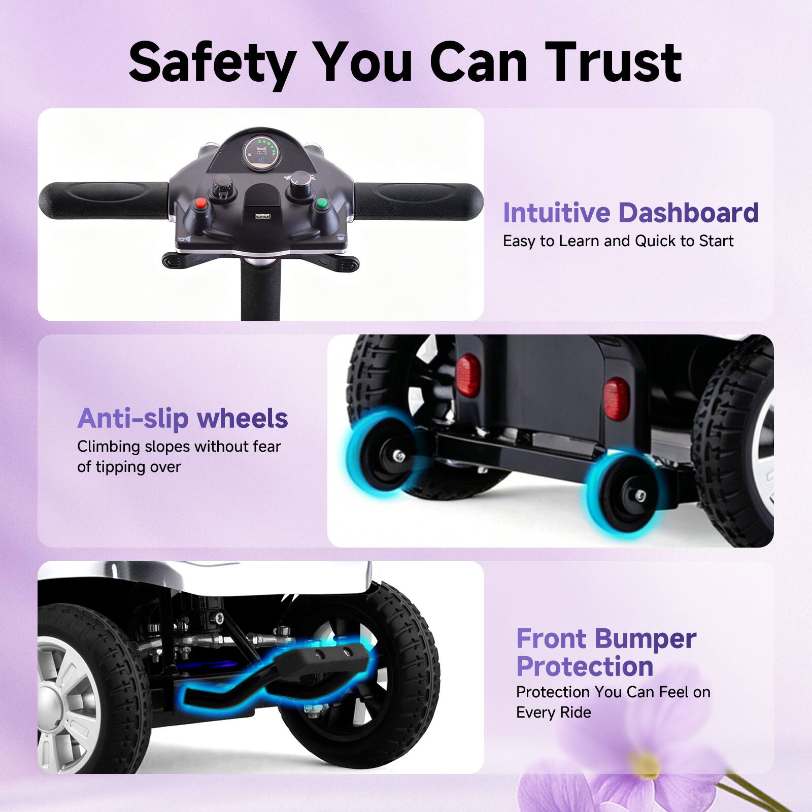 Safety You Can Trust

- Intuitive Dashboard
  - Easy to Learn and Quick to Start

- Anti-slip wheels
  - Climbing slopes without fear of tipping over

- Front Bumper Protection
  - Protection You Can Feel on Every Ride