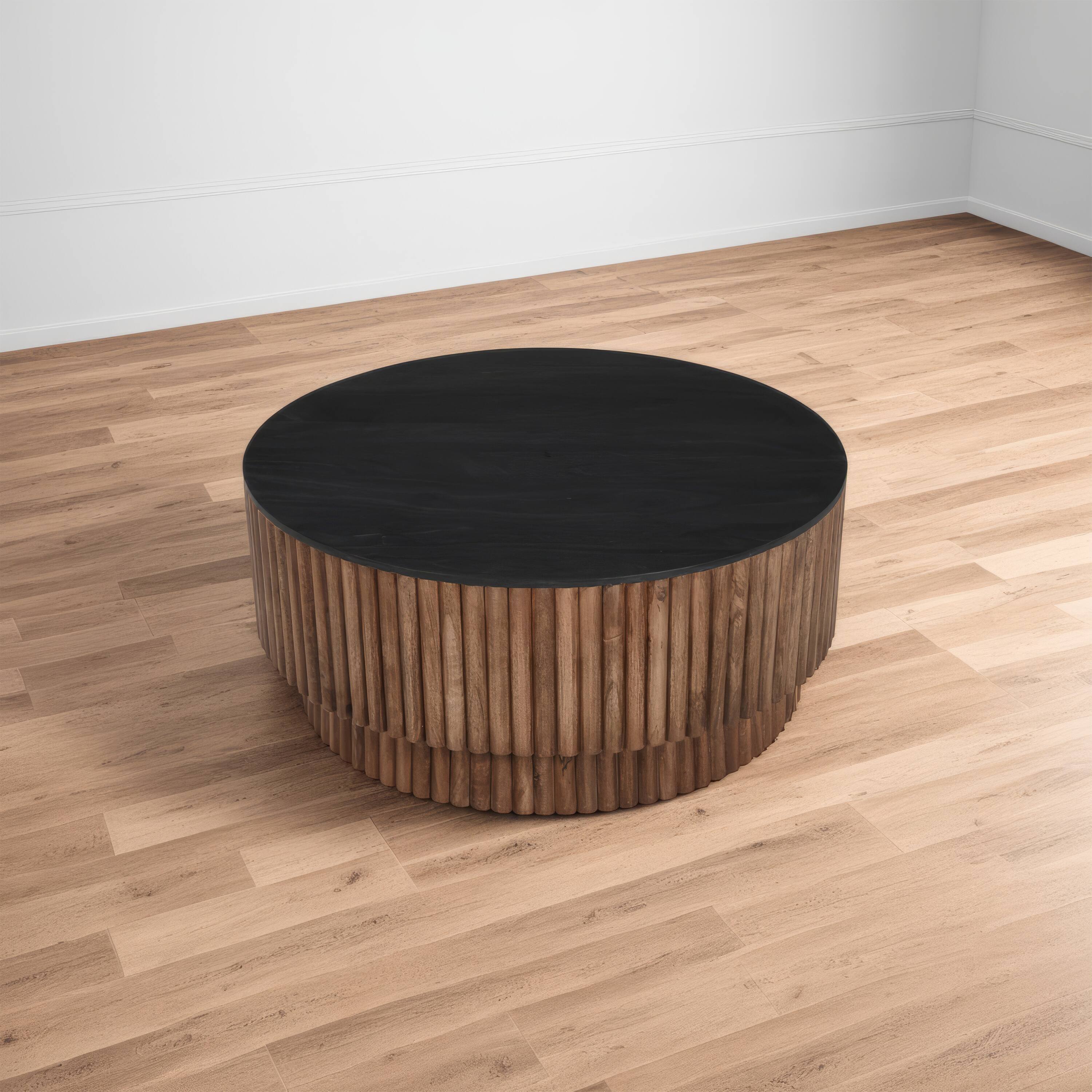 Alt View 4. Manhattan Lane - Montoya Coffee Table | 34" Round Black Top | Mango Wood Fluted Plinth Base - Black, Brown.
