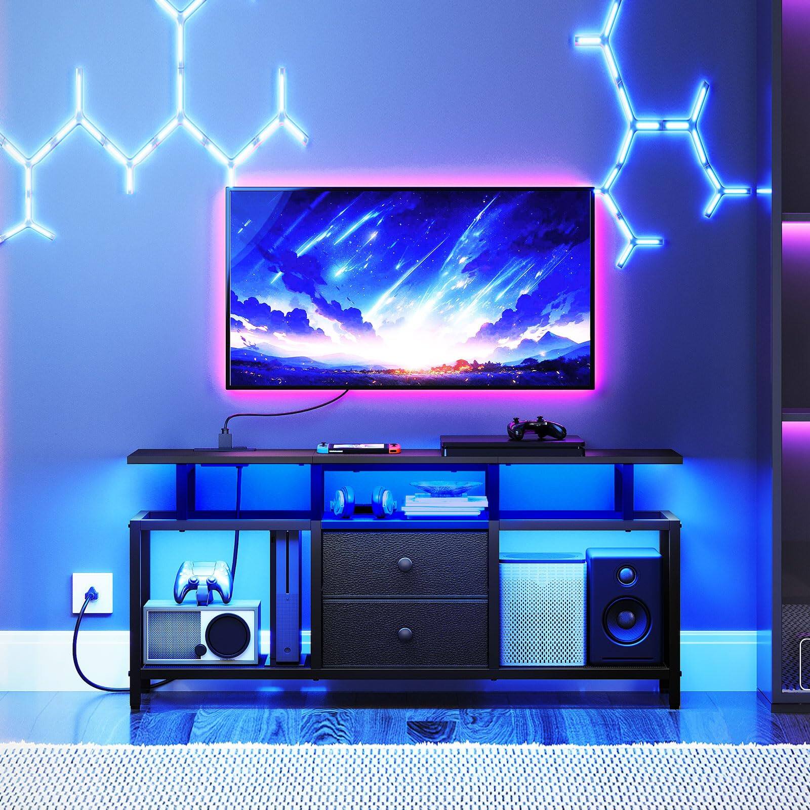 Left. Hirose Alice - Tv Stand With Led Light And Power Outlets Entertainment Center Fabric Drawers Open Shelves Cabinet For Tvs Up ... - Default.