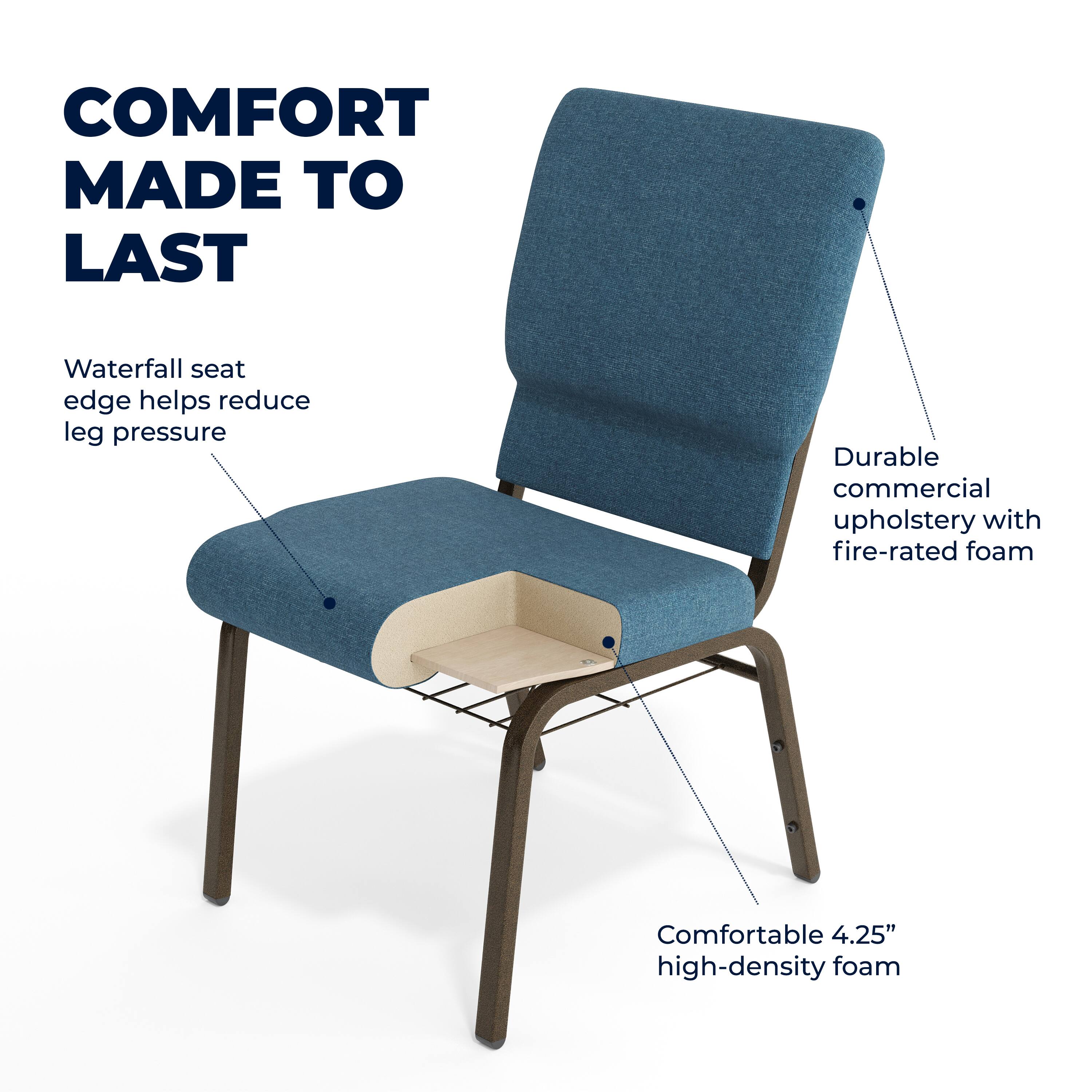 COMFORT MADE TO LAST  
Waterfall seat edge helps reduce leg pressure  
Durable commercial upholstery with fire-rated foam  
Comfortable 4.25" high-density foam