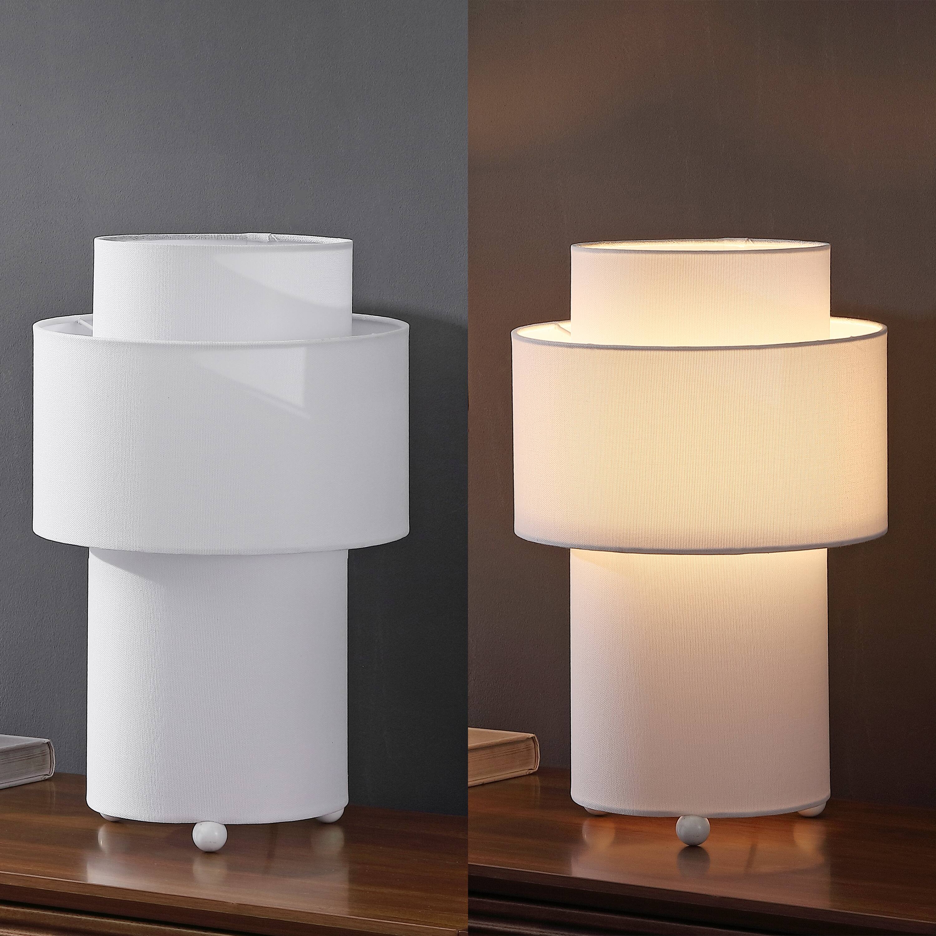 Alt View 5. Jonathan Y - Franklin 17.5" White Cylinder LED Table Lamp Set of 2 with Fabric Drum Shade, Modern for Bedside or Living Room - White.