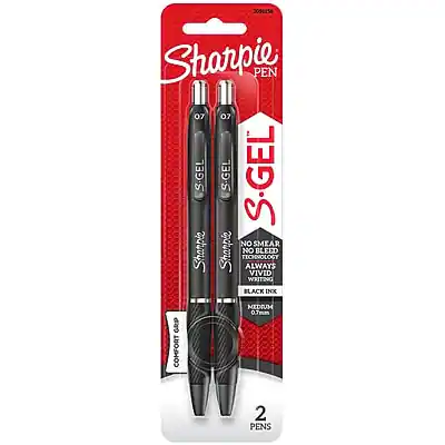 2096254 Sharpie Pen
S.GEL
No Smear
No Bleed Technology
Always Vivid Writing
Black Ink
Comfort Grip
Medium 0.7mm
2 Pens