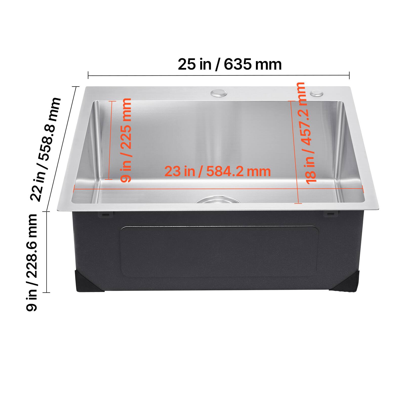 228.6 mm, 225 mm, 558.8 mm, 635 mm, 584.2 mm, 457.2 mm, 18 in, 23 in, 25 in, 9 in