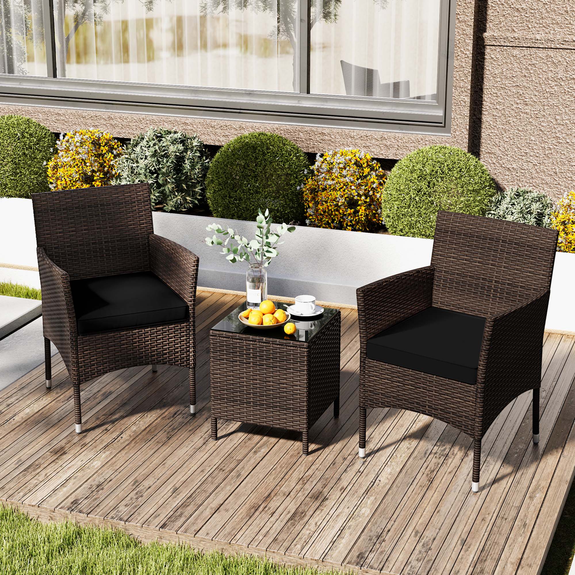 Alt View 3. Costway - 3 PCS Outdoor Conversation Set with Cushioned Seat & Tempered Glass Tabletop - Black,Mix Brown.
