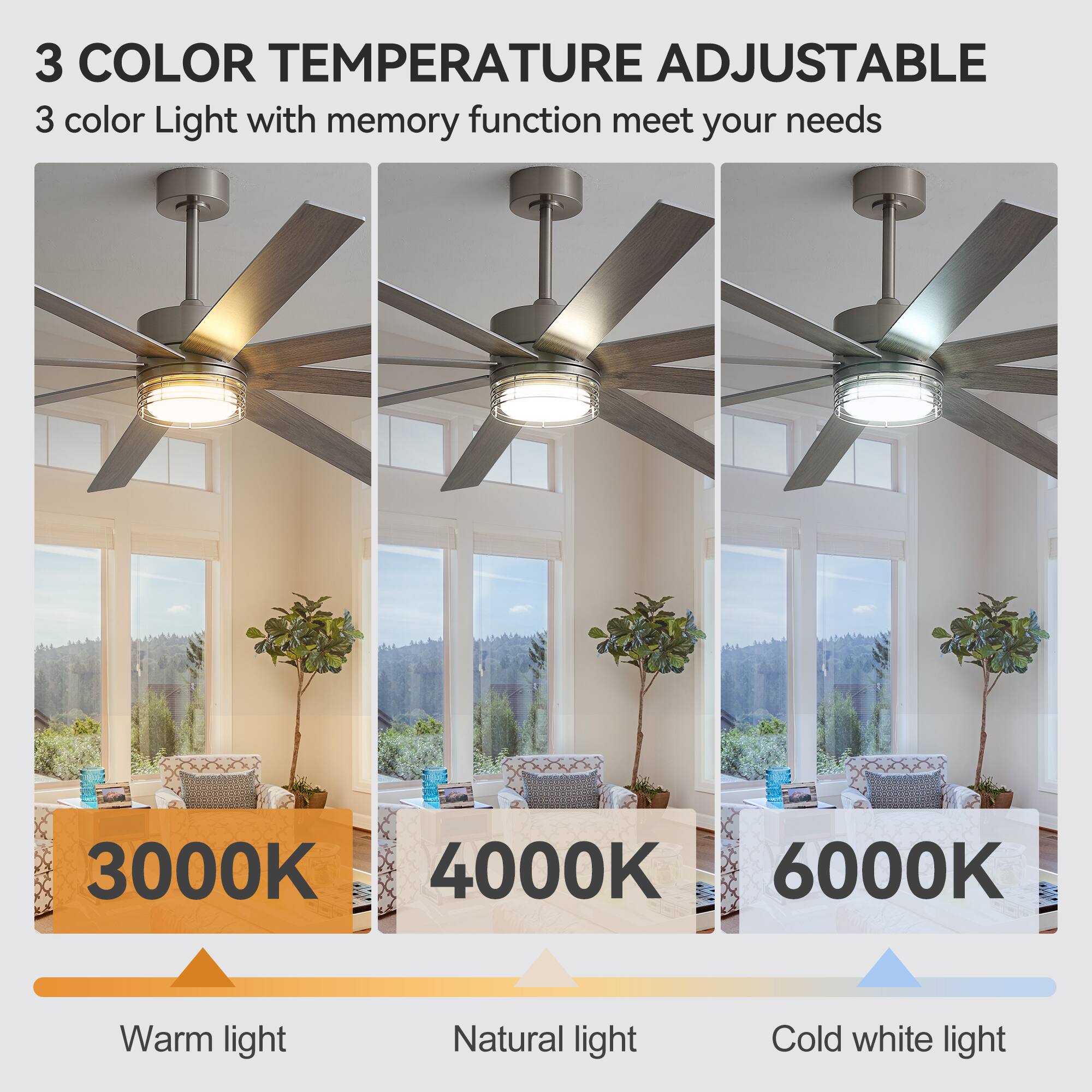 3 COLOR TEMPERATURE ADJUSTABLE  
3 color Light with memory function meet your needs  
3000K Warm light  
4000K Natural light  
6000K Cold white light
