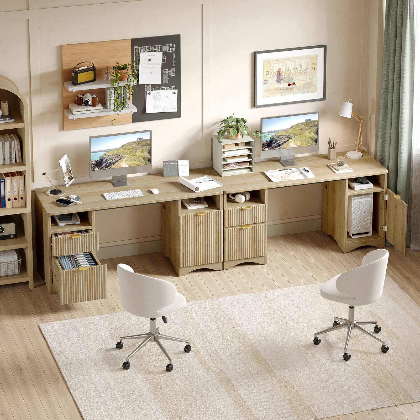 Alt View 3. Bestier - 59 inch Fluted Executive Office Desk with 2 Drawers and Storage Cabinet Modern Home Office Desk with Cable Management - Natual Oak.