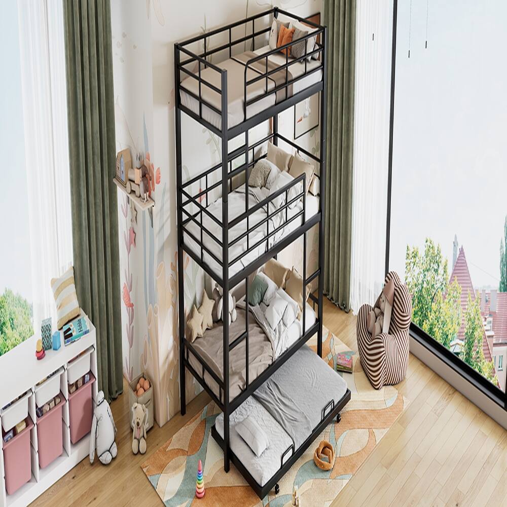 Alt View 7. Loheer - Loheer Metal Twin Size Triple Bunk Bed with Trundle Black Heavy Duty Steel 3 Tier Bunk Bed Space-Saving Design - Black.