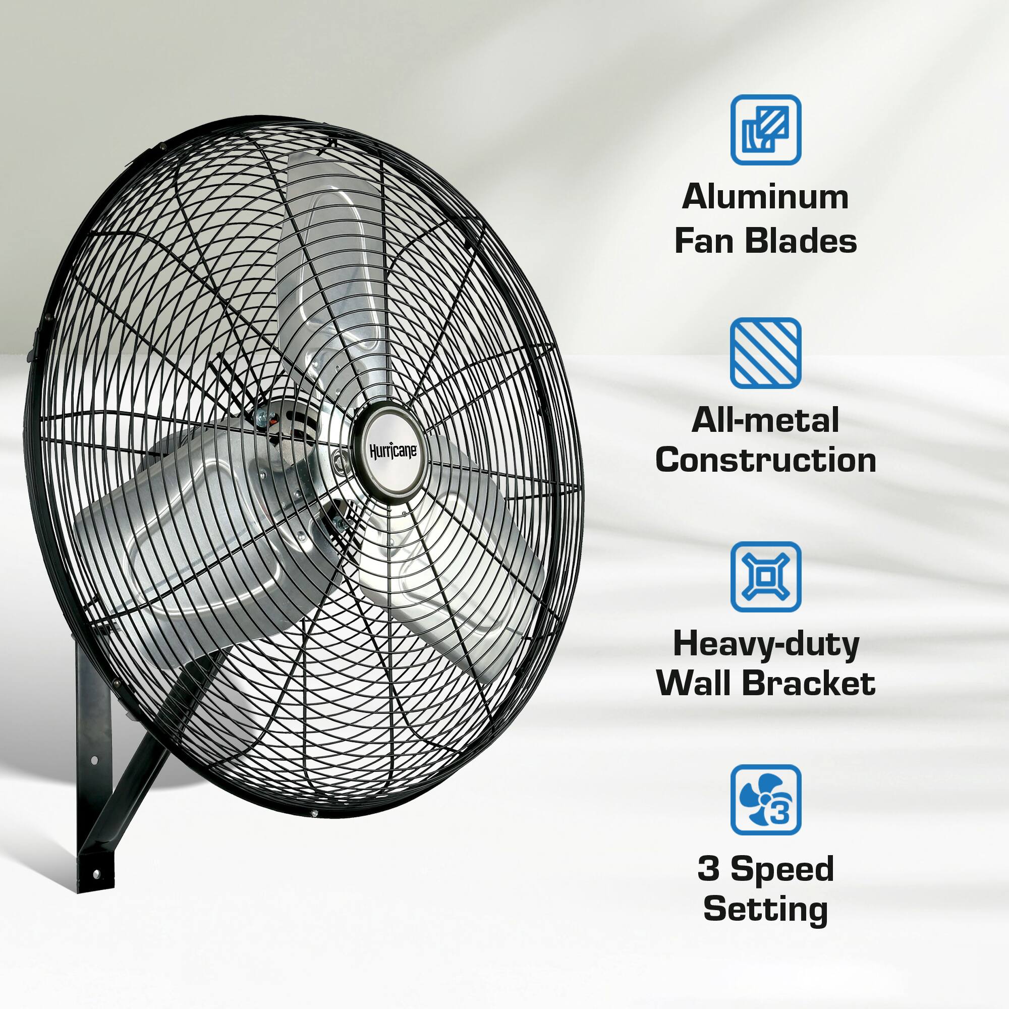 Aluminum Fan Blades Hurricane All-metal Construction Heavy-duty Wall Bracket 3 Speed Setting