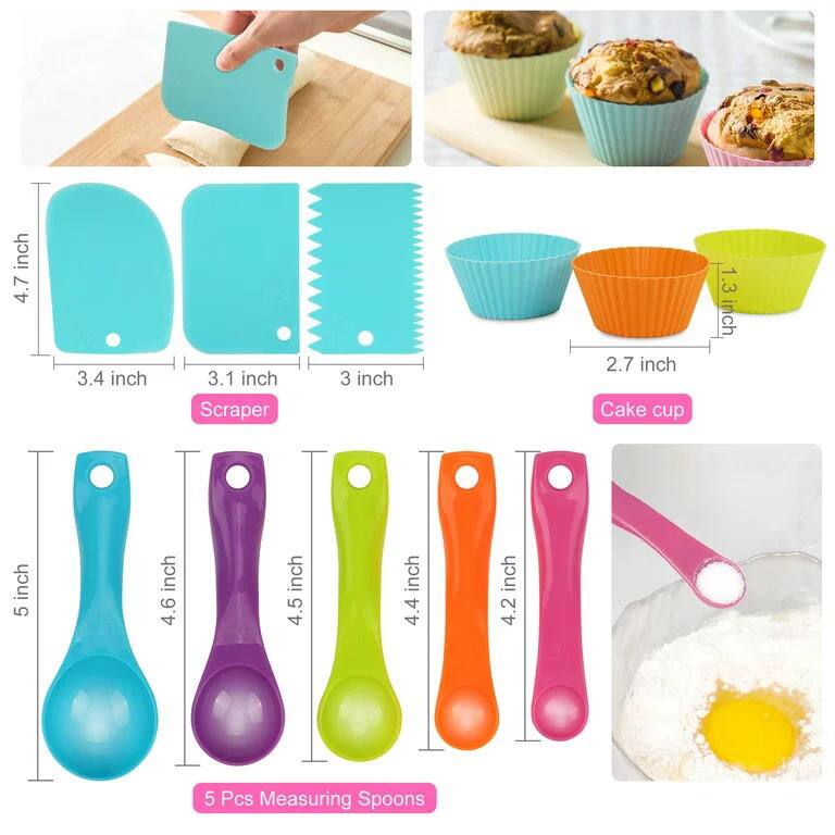 Scraper: 4.7 inch, 3.4 inch, 3.1 inch, 3 inch

Cake cup: 2.7 inch, 1.3 inch

Measuring Spoons: 5 inch, 4.6 inch, 4.5 inch, 4.4 inch, 4.2 inch

5 Pcs Measuring Spoons