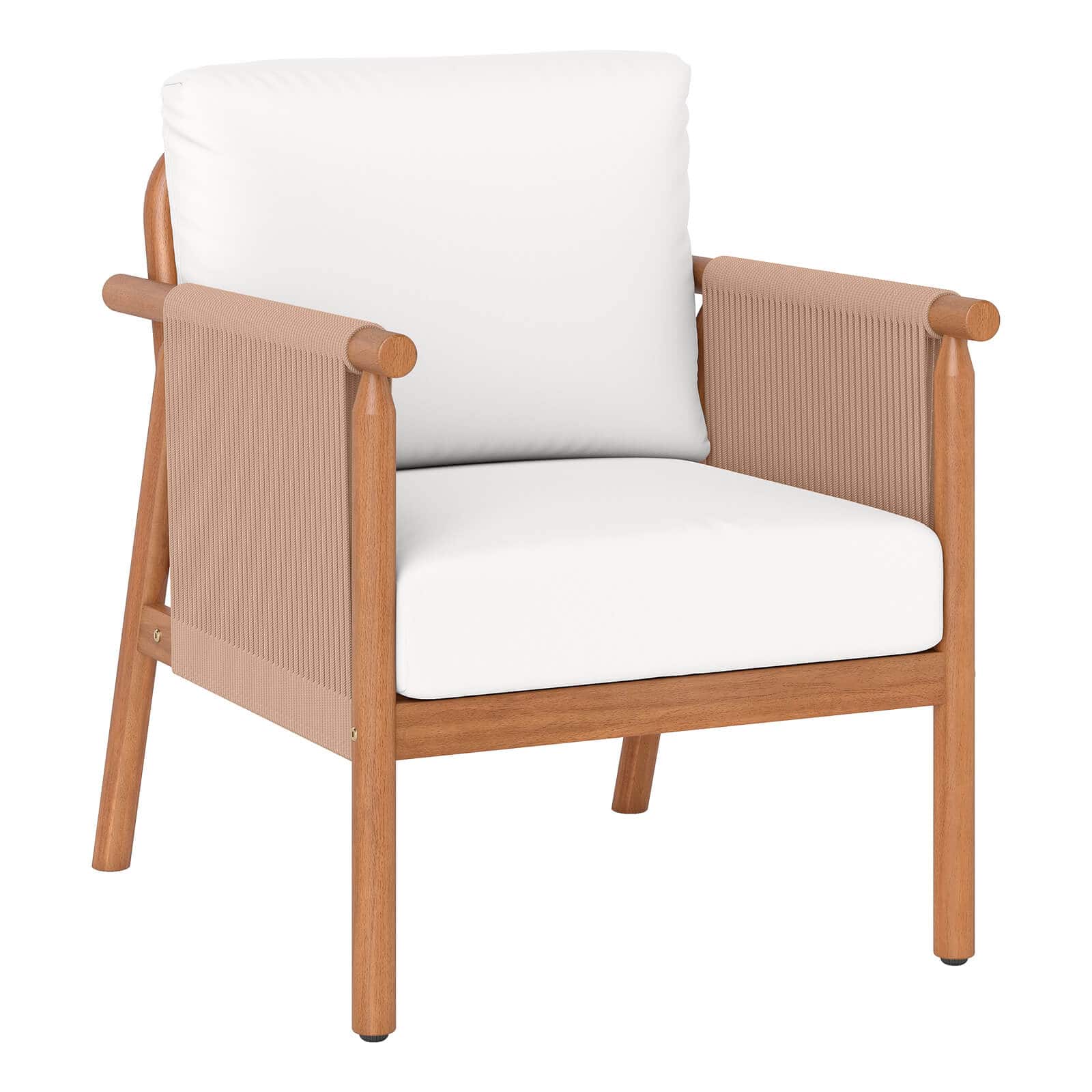 Costway - Patio Acacia Wood Chair with Woven Rope Armrests & Seat Back Cushions for Backyard - Natural + White