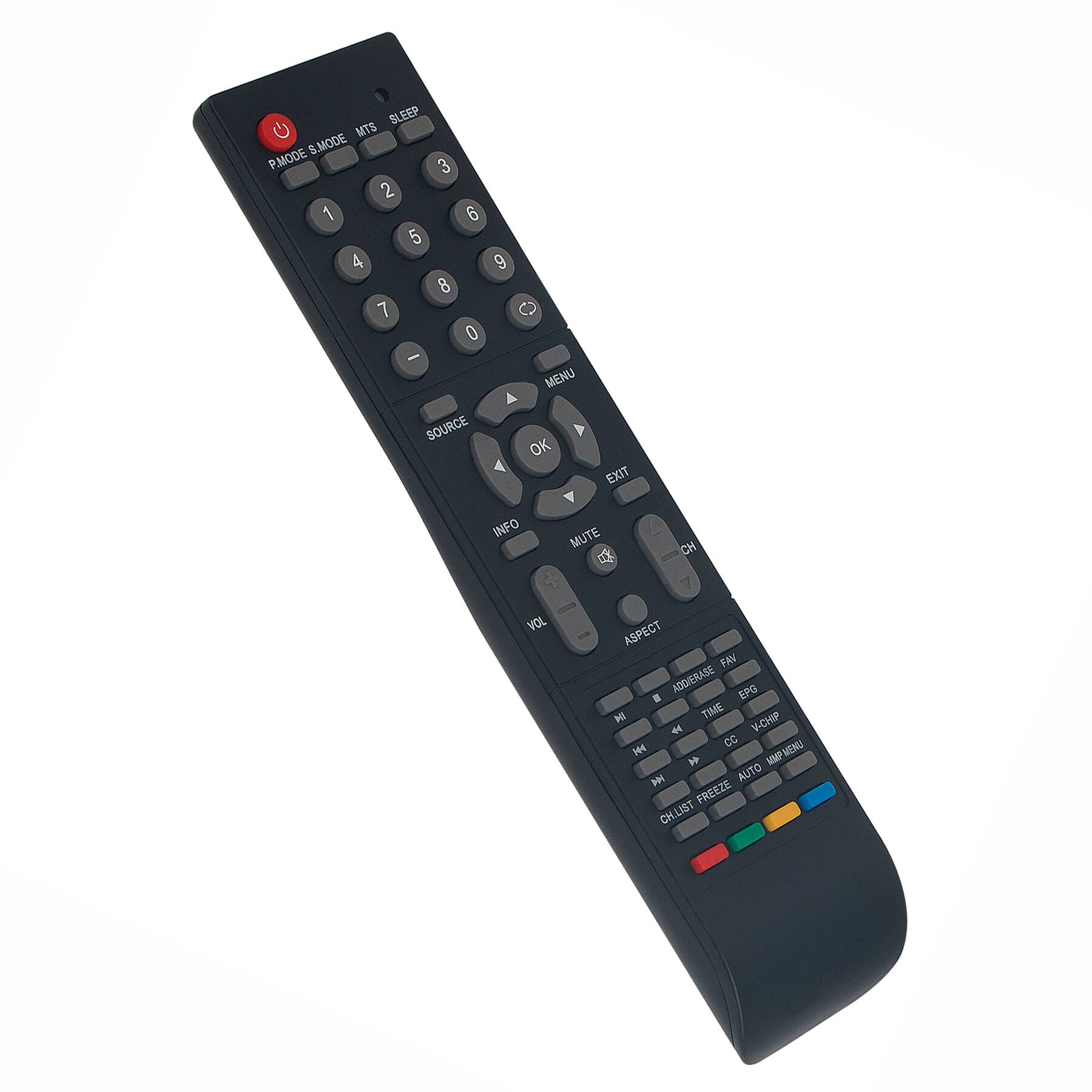 Sure, here is the corrected and grouped text from the image:

**Top Row:**
- P.MODE S.MODE
- SLEEP
- MTS

**Number Pad:**
- 1 2 3
- 4 5 6
- 7 8 9
- 0

**Middle Row:**
- MENU
- EXIT
- INFO
- MUTE

**Bottom Row:**
- SOURCE
- OK

**Left Column:**
- VOL (with up and down arrows)
- CH (with up and down arrows)

**Right Column:**
- ASPECT
- ADD/REMOVE
- FAV
- EPG
- TIME
- CC
- V-CHIP
- CH.LIST FREEZE
- AUTO
- M.PARENTAL

**Bottom Section:**
- CO
- MMP
- MENU

**Color Buttons:**
- Red, Green, Yellow, Blue

**Additional Text:**
- AUTO FREEZE
- CH.LIST