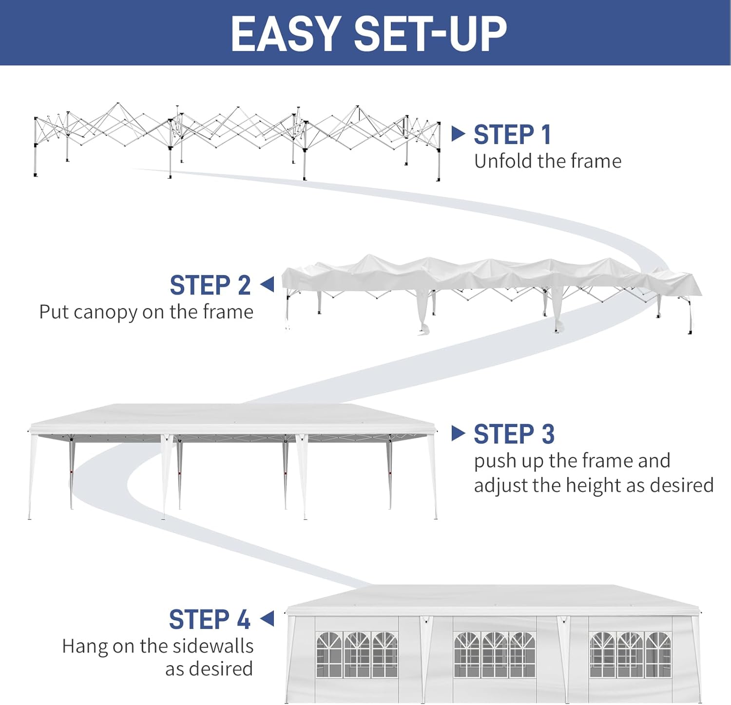 EASY SET-UP

STEP 1
Unfold the frame

STEP 2
Put canopy on the frame

STEP 3
Push up the frame and adjust the height as desired

STEP 4
Hang on the sidewalls as desired