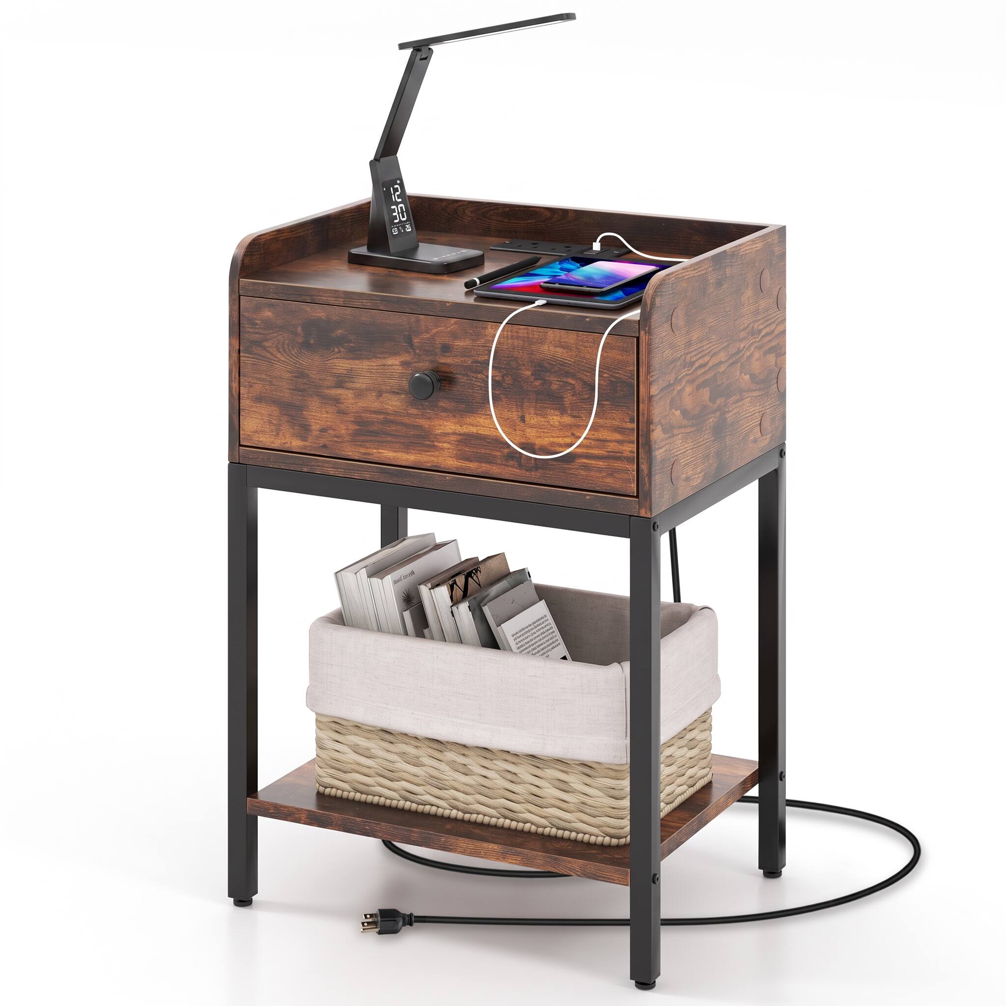 Back. WELLFOR - Industrial Nightstand with Charging Station - Rustic Brown.