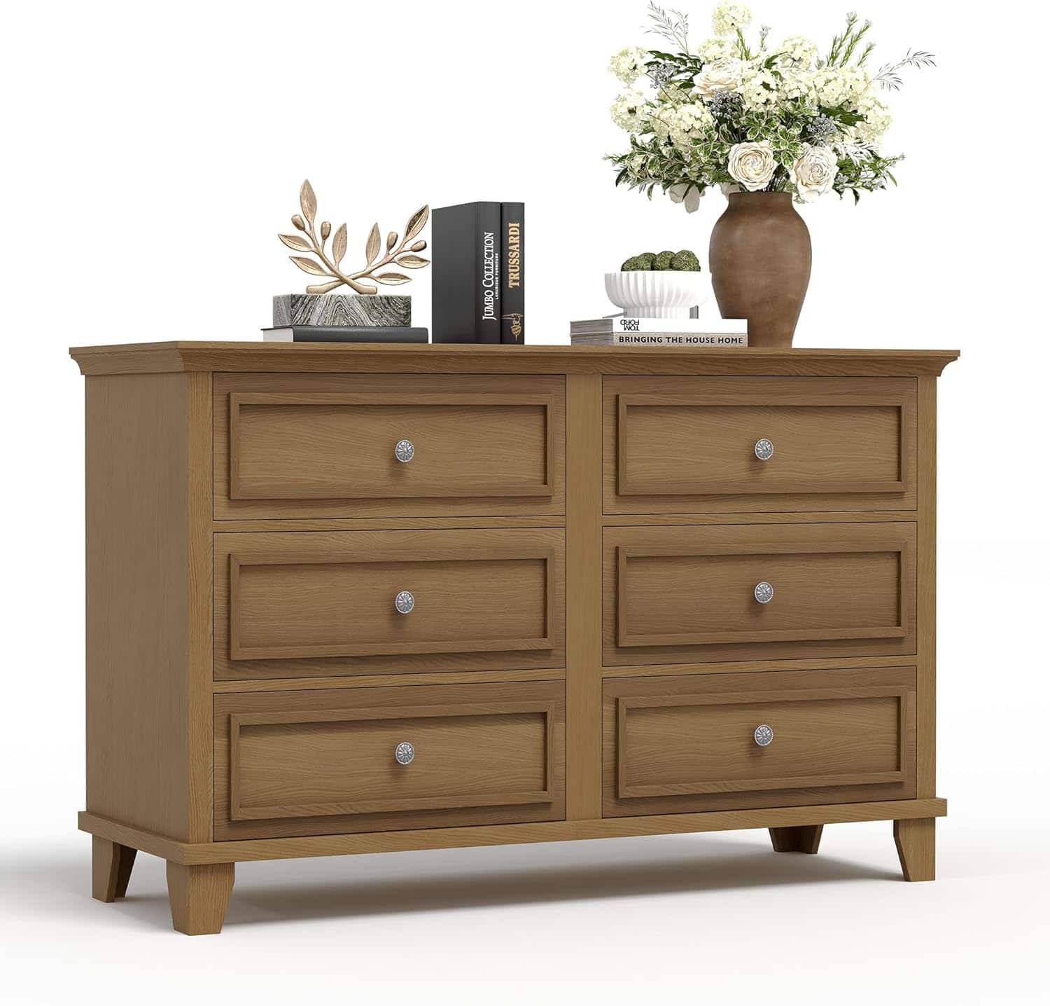 GARVEE - Dresser for Bedroom, 6 Drawer Wide Dresser Storage Organizer, Modern Wooden Chest of Drawers with Metal Handles - Brown