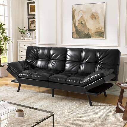 Front. Vipbear - Vipbear Black Faux Leather Sofa Bed, Adjustable Backrest & Armrests, Multifunctional Small Loveseat Sleeper Sofa - Black.