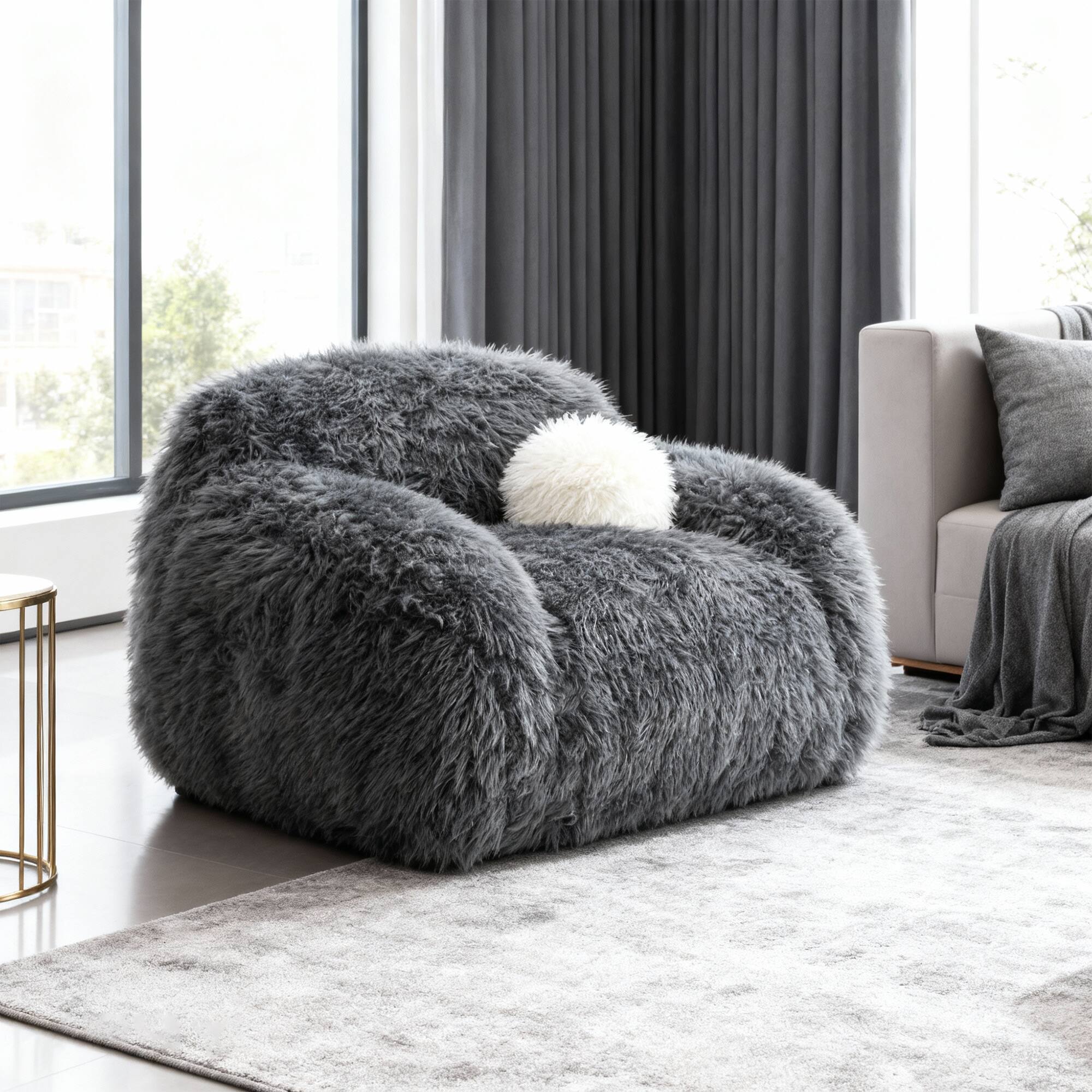 Back. Vaczon - Plush Faux Fur 360° Swivel Chair with Long Pile Soft Ball Pillows – Cozy Accent Chair for Living Room Lounge - Dark Gray.