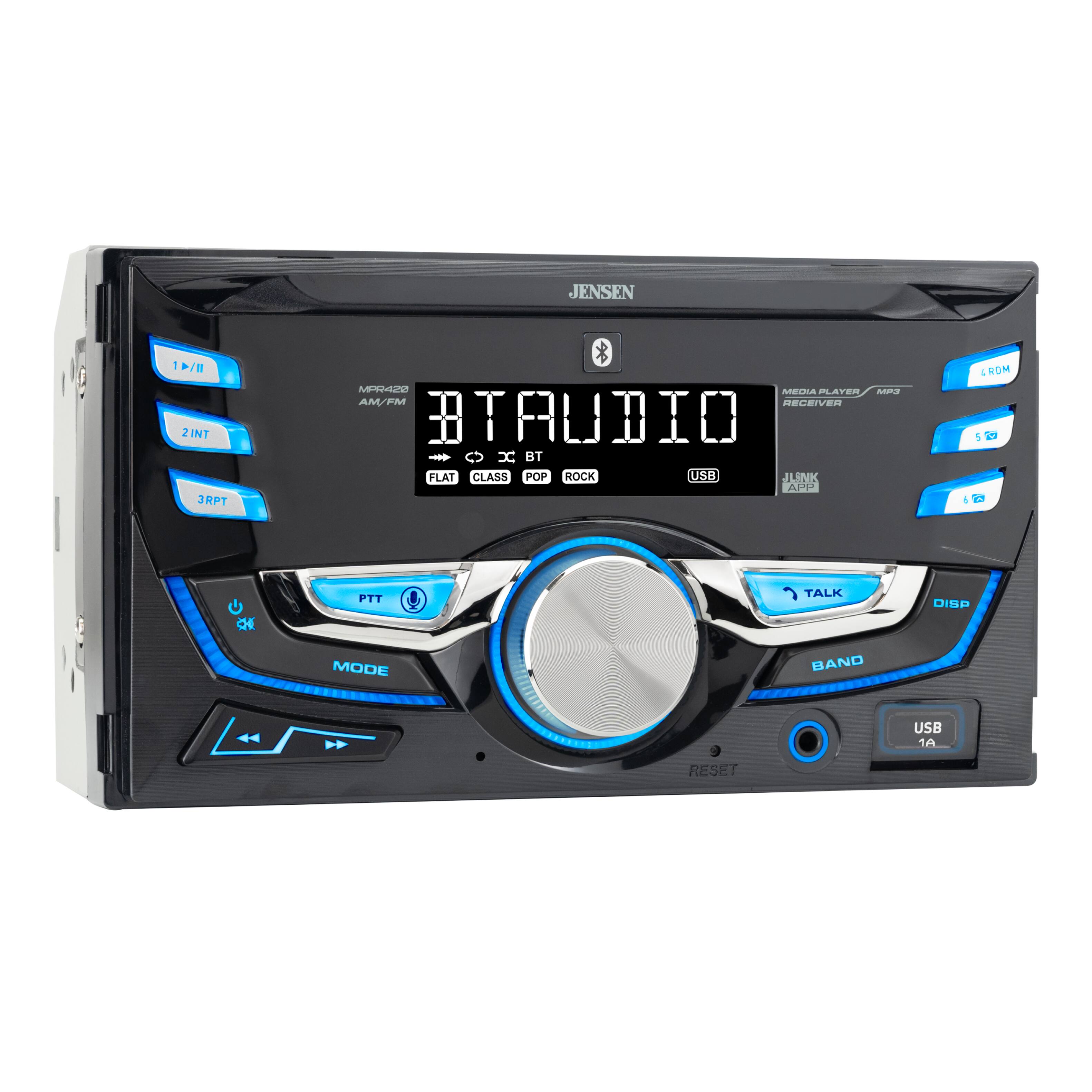 JENSEN  
19/11 2 INT 3RPT  
MPR420 MEDIA PLAYER MP3 AM/FM RECEIVER  
BTAUDIO x BT FLAT CLASS POP ROCK USB JLANK APP  
4RDM 5 8  
PTT  
TALK  
DISP  
MODE  
BAND  
USB 1A  
RESET