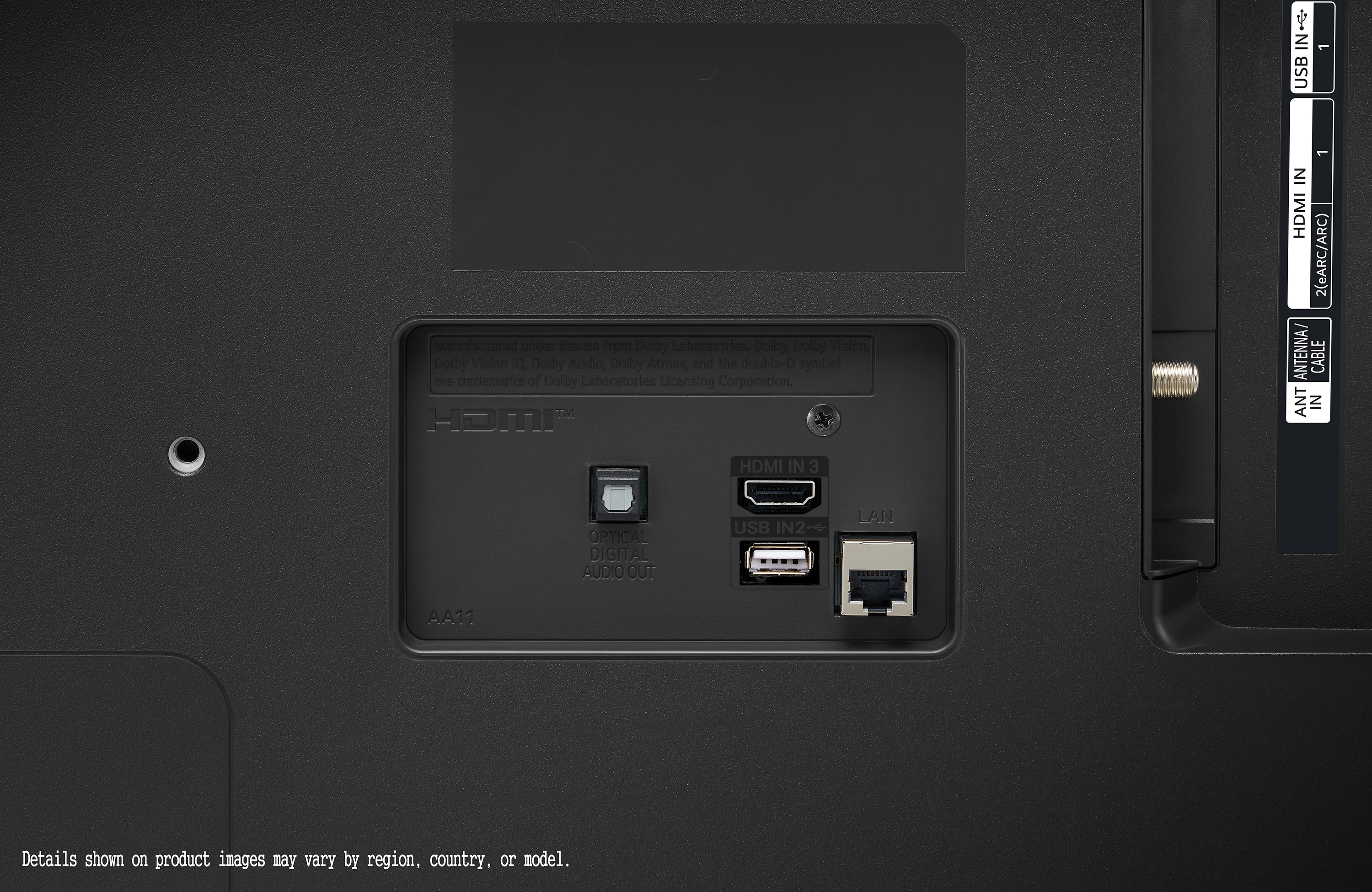 The text on the image reads: "IN USB 1 1 Manufactured under License from Dolby Laboratories. Dolby, Dolby Vision, Dolby Vision 10, Dolby Audio, Dolby Atmos, and the double-D symbol are trademarks of Dolby Laboratories Licensing Corporation. UM HOMI IN HDMI 2 (eARC/ARC) ANTENNA/ CABLE ANT IN HDMI IN 3 OPTICAL DIGITAL AUDIO OUT USB IN2 LAN ... AA11 Details shown on product images may vary by region, country, or model."