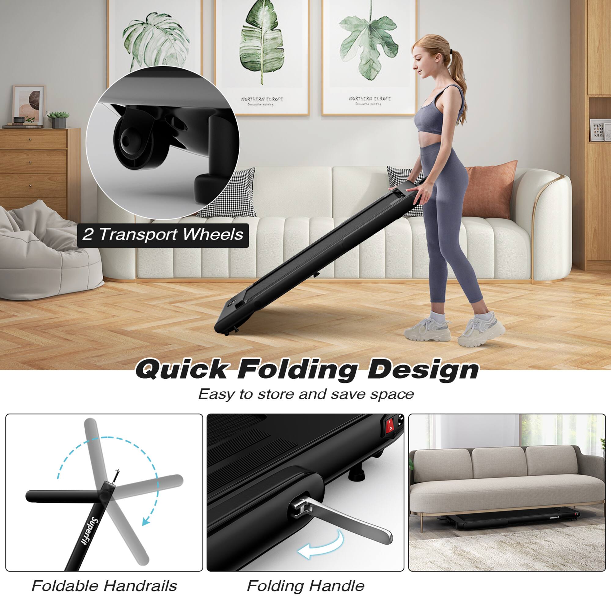 2 Transport Wheels

Quick Folding Design
Easy to store and save space

Foldable Handrails

Folding Handle