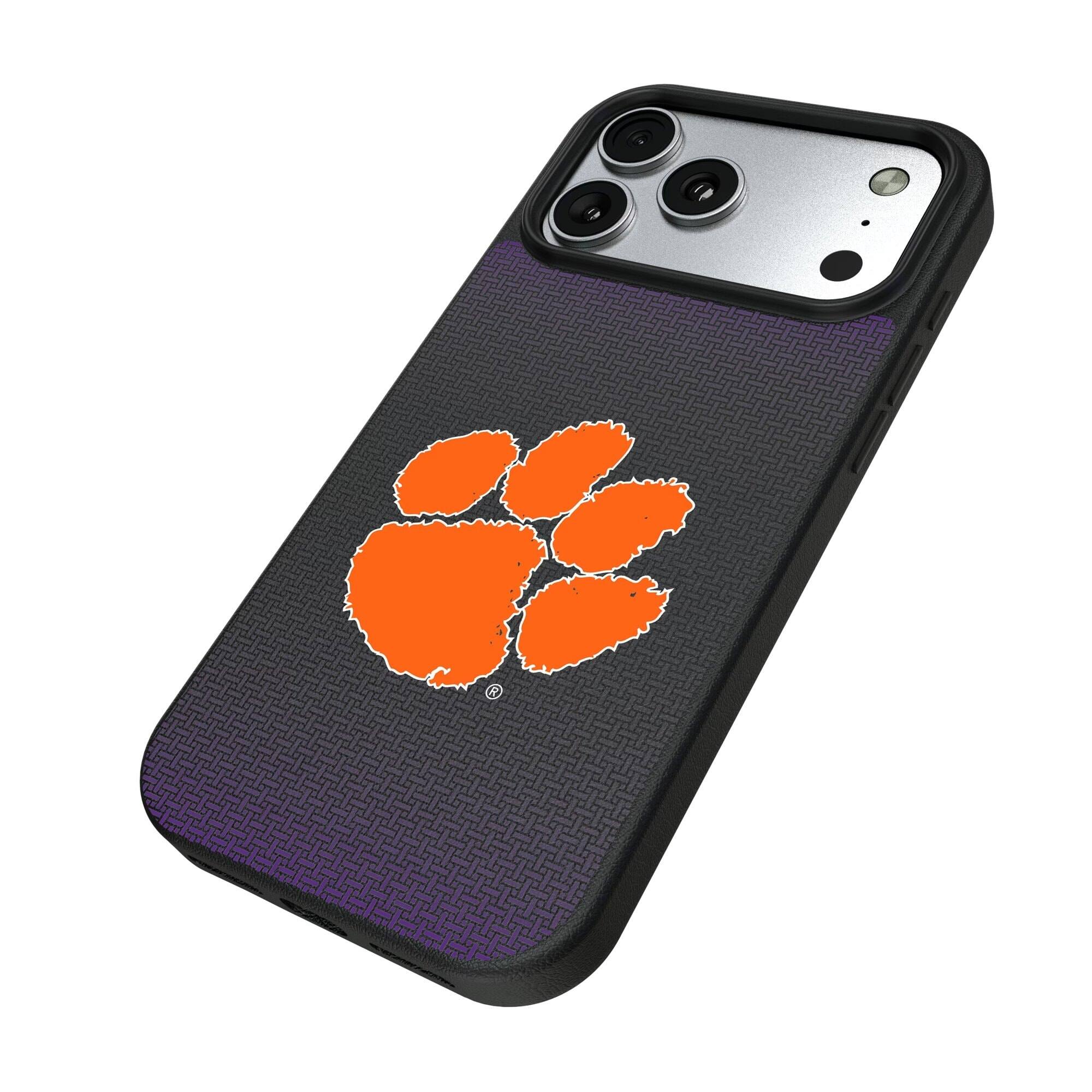 Alt View 1. Keyscaper - Clemson Tigers Linen Logo iPhone Magnetic Bump Case - 15 Pro - Black.