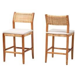 bali & pari - Chatura Natural Rattan and Mahogany Wood 2-Piece Counter Stool Set – Handwoven Wicker Stool with Angled Back - Light Honey/Honey