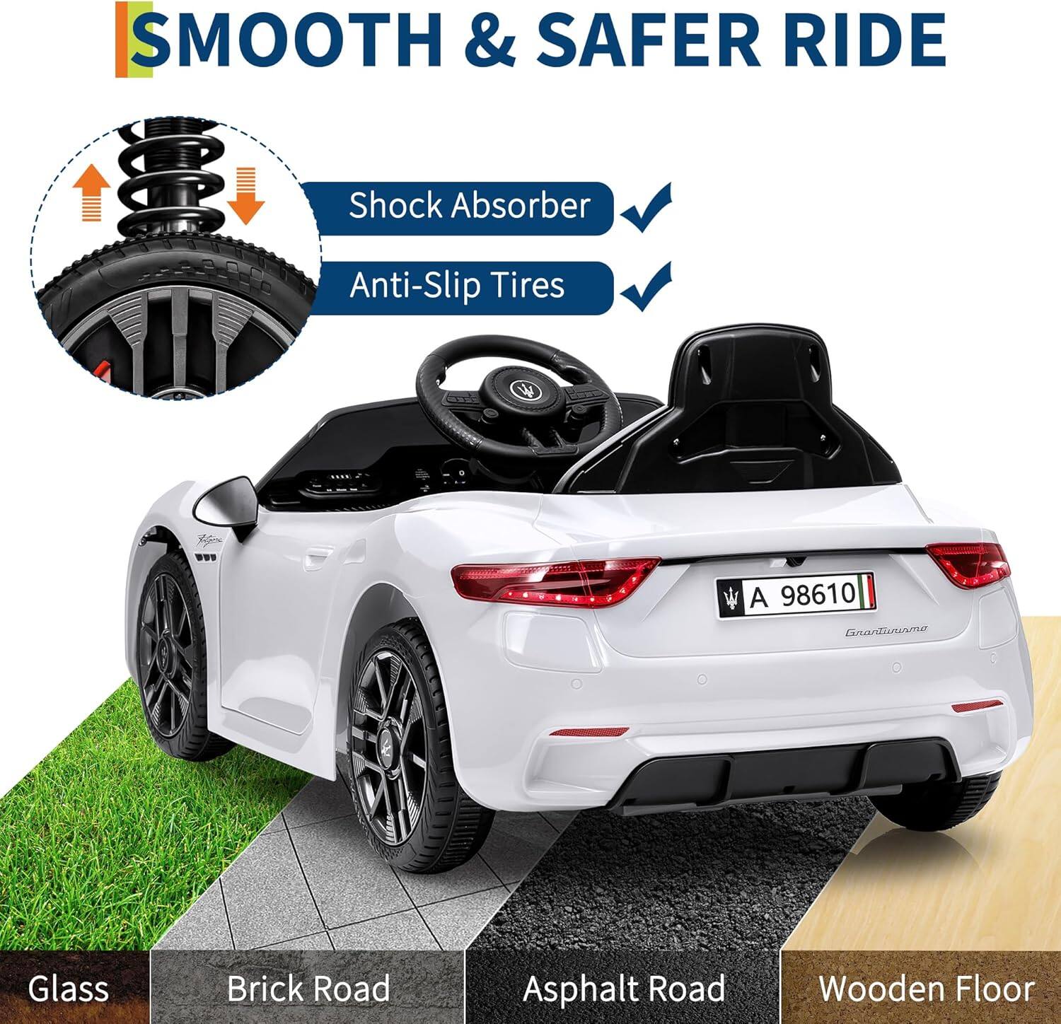SMOOTH & SAFER RIDE

- Shock Absorber
- Anti-Slip Tires

A 98610

Glass
Brick Road
Asphalt Road
Wooden Floor