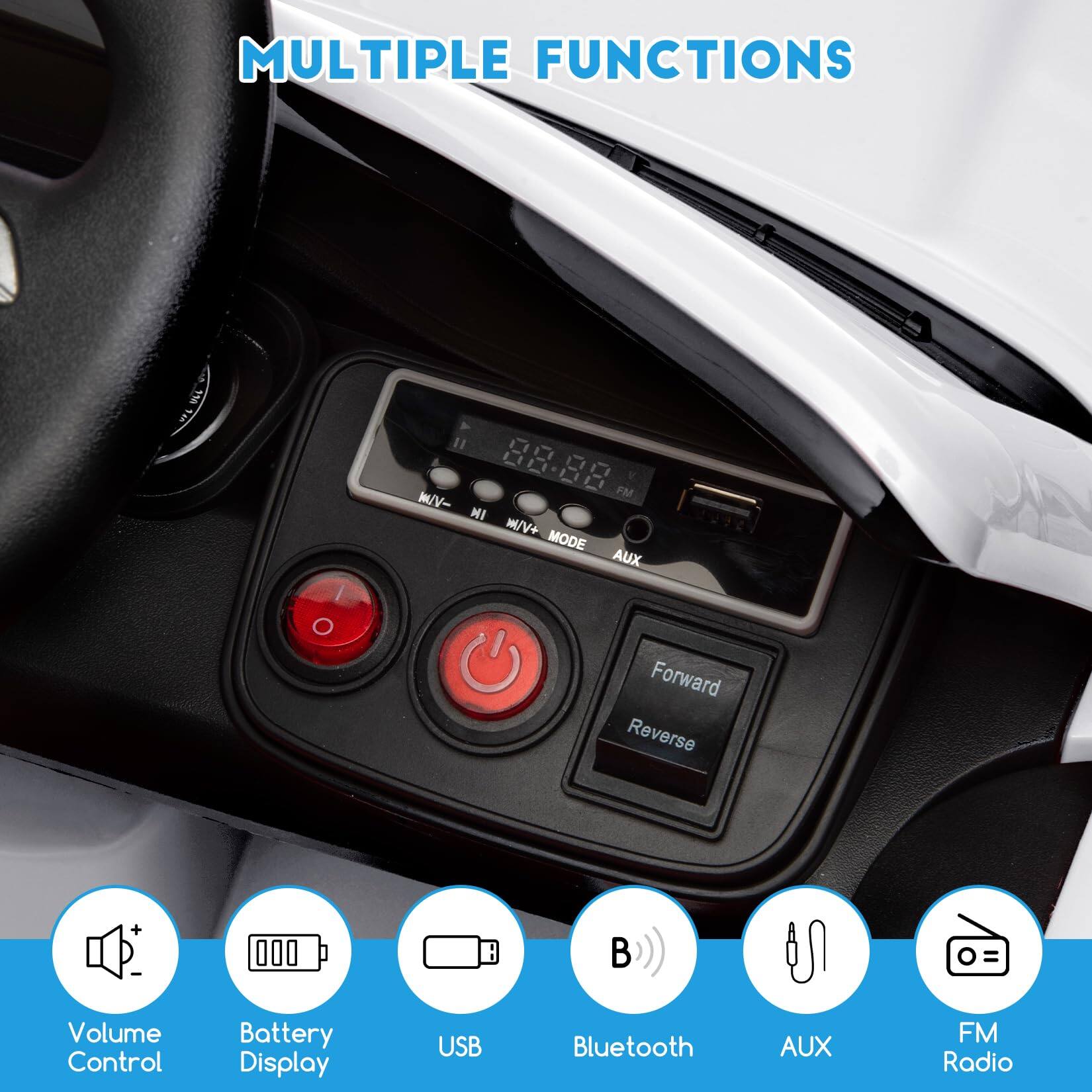 MULTIPLE FUNCTIONS

- Volume Control
- Battery Display
- USB
- Bluetooth
- AUX
- FM Radio