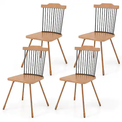 Front. Costway - Costway Windsor Chair Set of 4 Metal Legs Supported Dining Chair Farmhouse Armless Chair - Natural,Black.