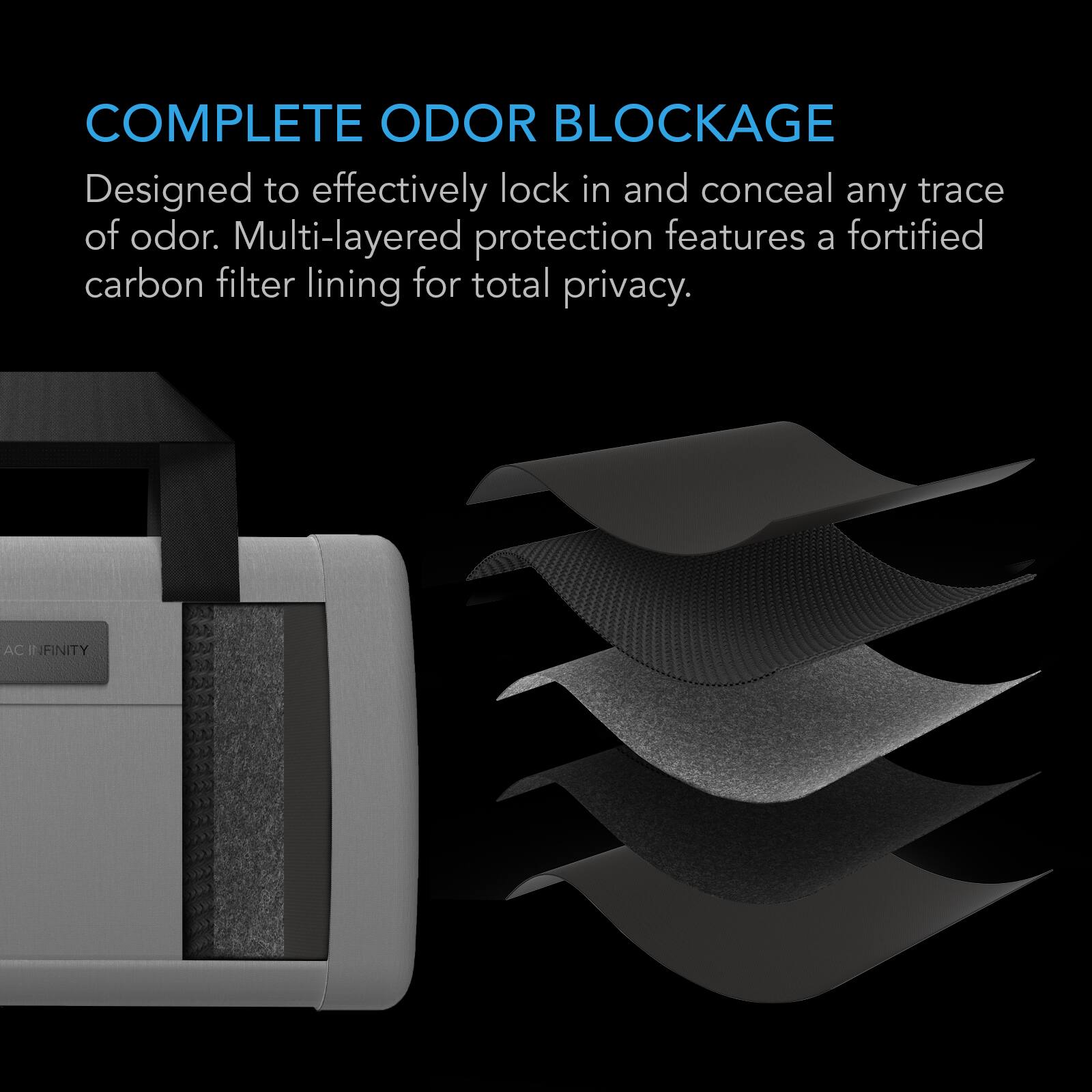 COMPLETE ODOR BLOCKAGE  
Designed to effectively lock in and conceal any trace of odor. Multi-layered protection features a fortified carbon filter lining for total privacy.  
AC INFINITY