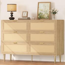 Jojoka - 6 Drawer Rattan Dresser for Bedroom, Wide Double Dresser Chest of Drawers - Natural