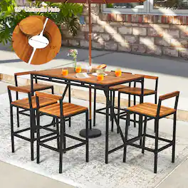 Costway - 7PCS Patio Rattan Bar Set Acacia Wood Frame Stools Table Umbrella Hole - See picture