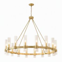 RYHNUYNE - 47.24-Inch Gold Wagon Wheel Chandelier with 16 Lights, Seeded Glass Shades, Adjustable Chain for Dining Room