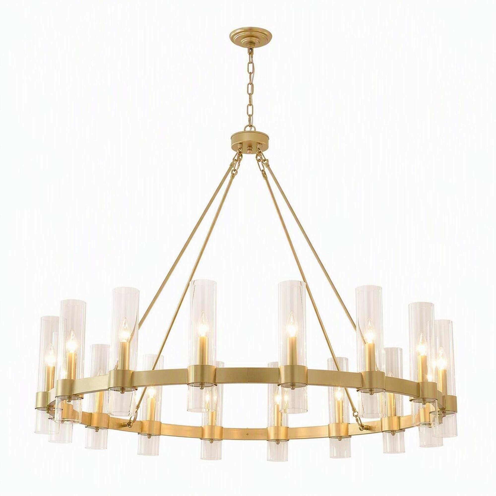 Front. RYHNUYNE - 47.24-Inch Gold Wagon Wheel Chandelier with 16 Lights, Seeded Glass Shades, Adjustable Chain for Dining Room.