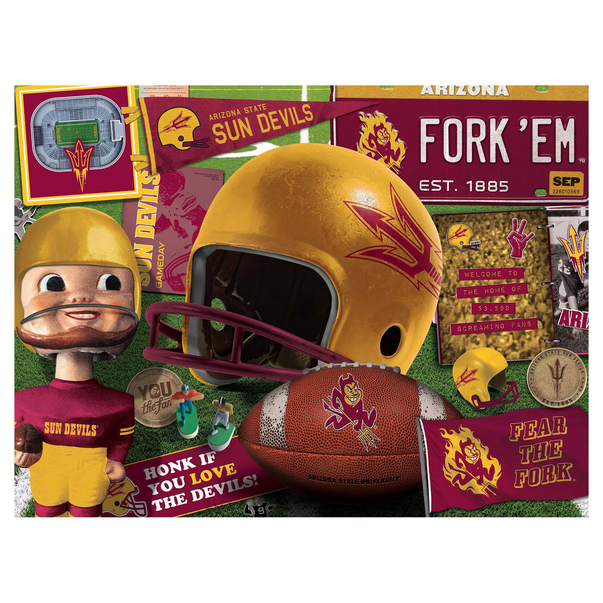 Sure, here is the corrected and grouped text from the image:

---

**Arizona State Sun Devils**

- **Fork 'Em**
  - EST. 1885
  - 228010889

- **Welcome to the Home of**
  - 53,599 Screaming Fans

- **Fear the Fork**

- **HONK IF YOU LOVE THE DEVILS!**

- **You the Fan**

- **Sun Devils Gameday**

- **Arizona State University**

- **Sun Devils**

- **SUN DEVILS ARIZONA STATE ARIZONA DEVILS SUN FORK 'EM**

- **SEP 228010989**

- **GAMEDAY**

- **WELCOME TO R**

- **HOME OF THE**

- **53.599 SCREAMING FANS**

- **ARI EY PRIEERREETAN EEVILE YOU U thefan FTORD FEAR IF THE HONK LOVE ARIZORA STATE #NIVERSITT FORK YOU DEVILS! THE 9**

---

This text is grouped based on the visual layout and context from the image.