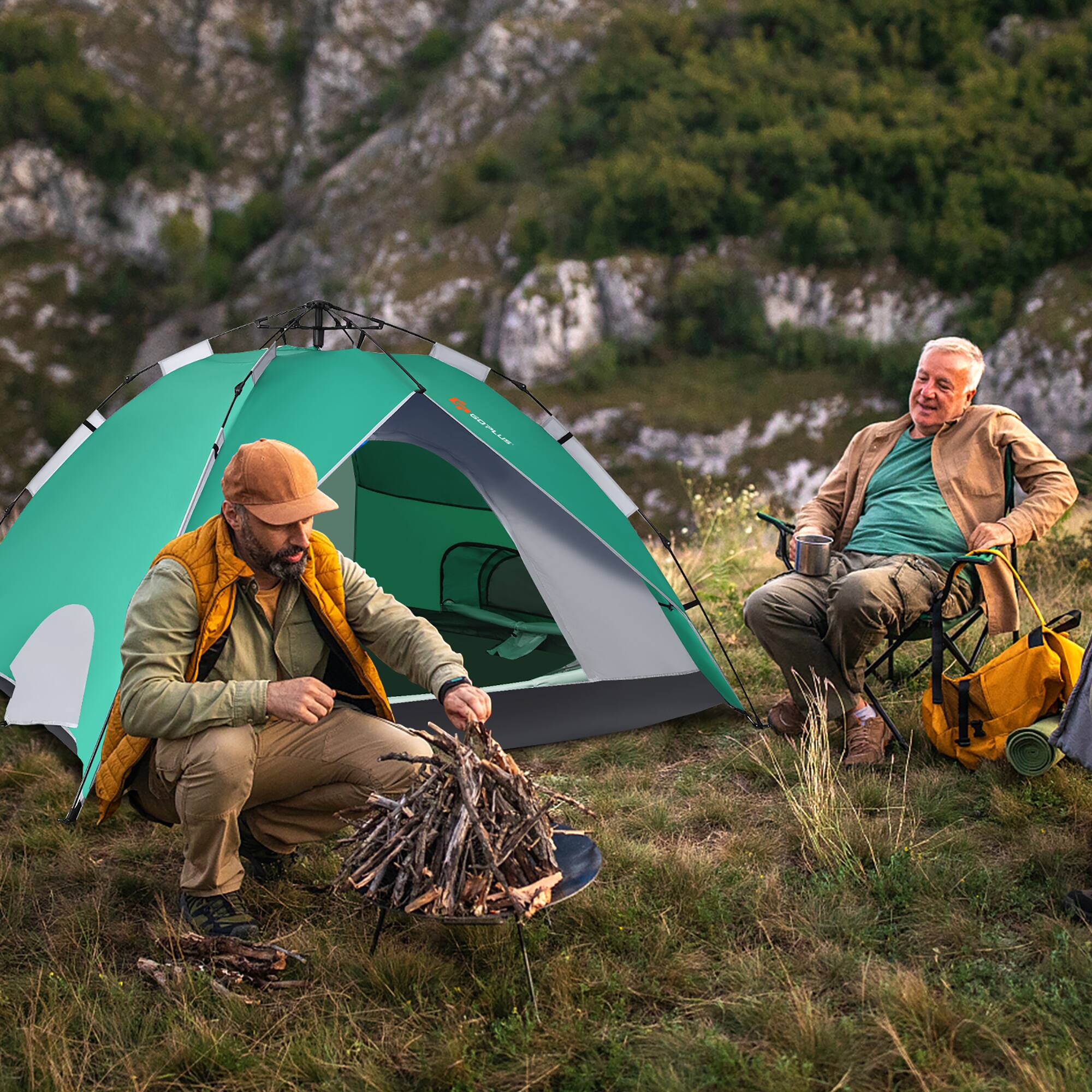 Angle. Costway - 4 Person Instant Pop-up Camping Tent 2-in-1 Double-Layer Waterproof Tent - Green.