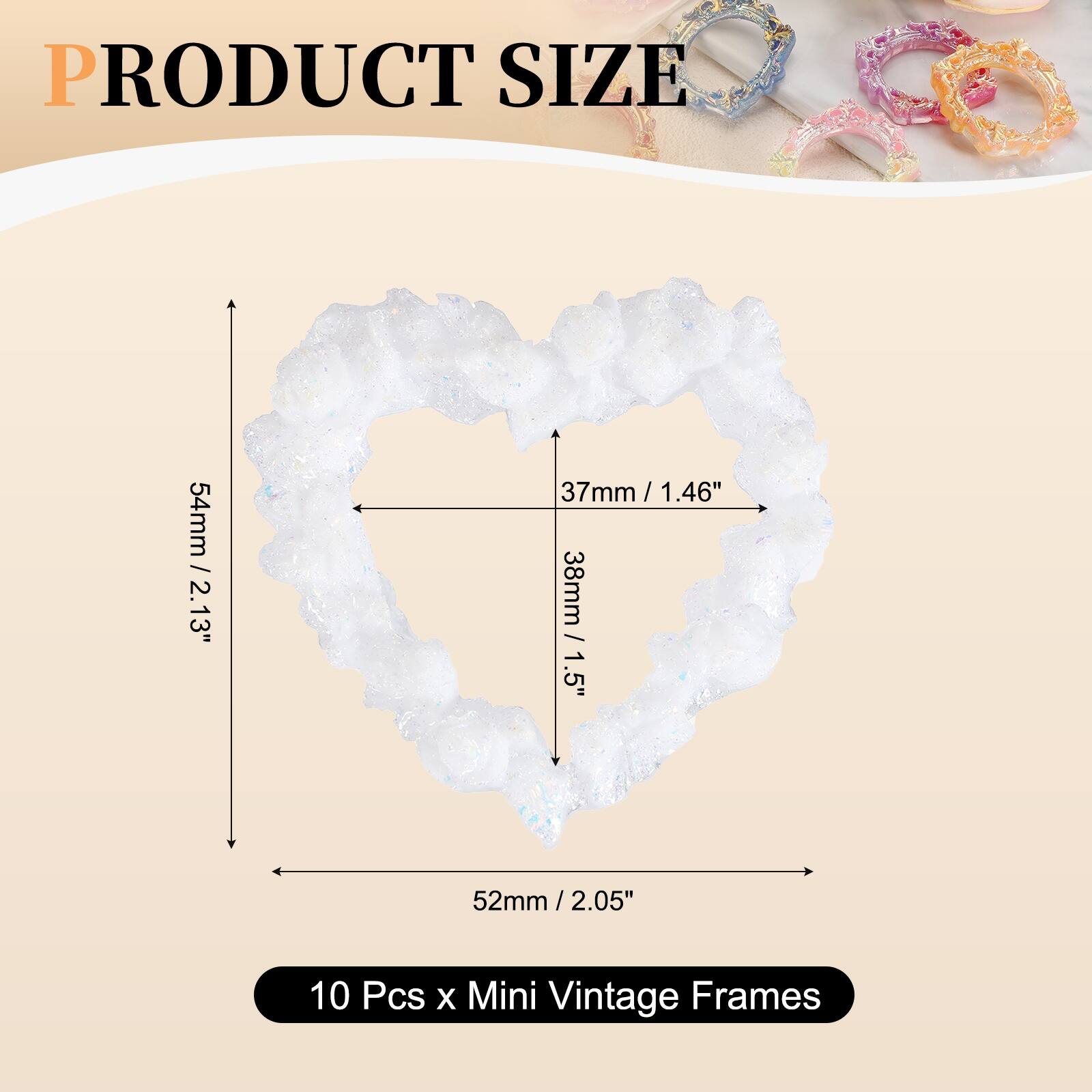 PRODUCT SIZE

54mm / 2.13"  
37mm / 1.46"  
38mm / 1.5"  
52mm / 2.05"  

10 Pcs x Mini Vintage Frames