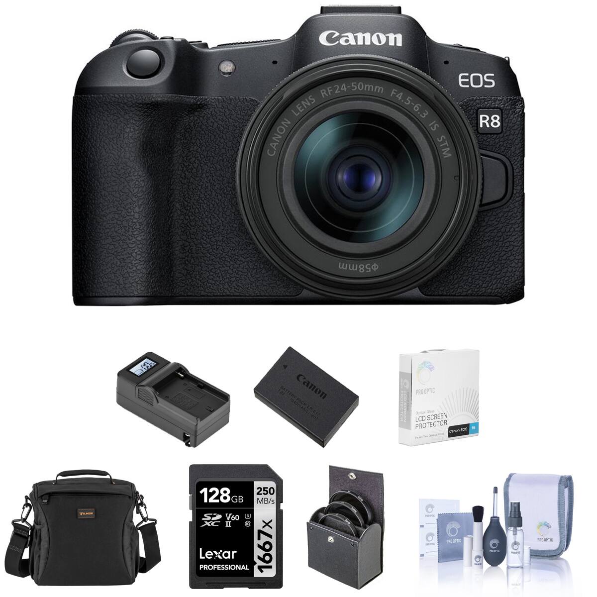 Canon EOS RF24-50mm LENS F4.5-6.3 IS R8 CANON STM

58mm

Canon PRO OPTIC Sprical Class LCD SCREEN PROTECTOR Carion ICS

YOURGER

250 128GB GB MB/s SD V60 U XC II X PROFESSIONAL Lexar 1667x

NEWS OFIC MEXIC

PROOPTC x