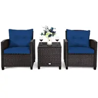 Costway 3PCS Patio Rattan Furniture Set Cushioned Conversation Set Coffee Table - Navy - Front_Zoom