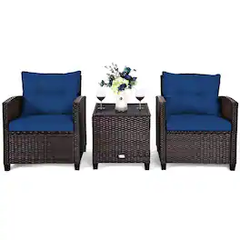 Costway - 3PCS Patio Rattan Furniture Set Cushioned Conversation Set Coffee Table - Navy
